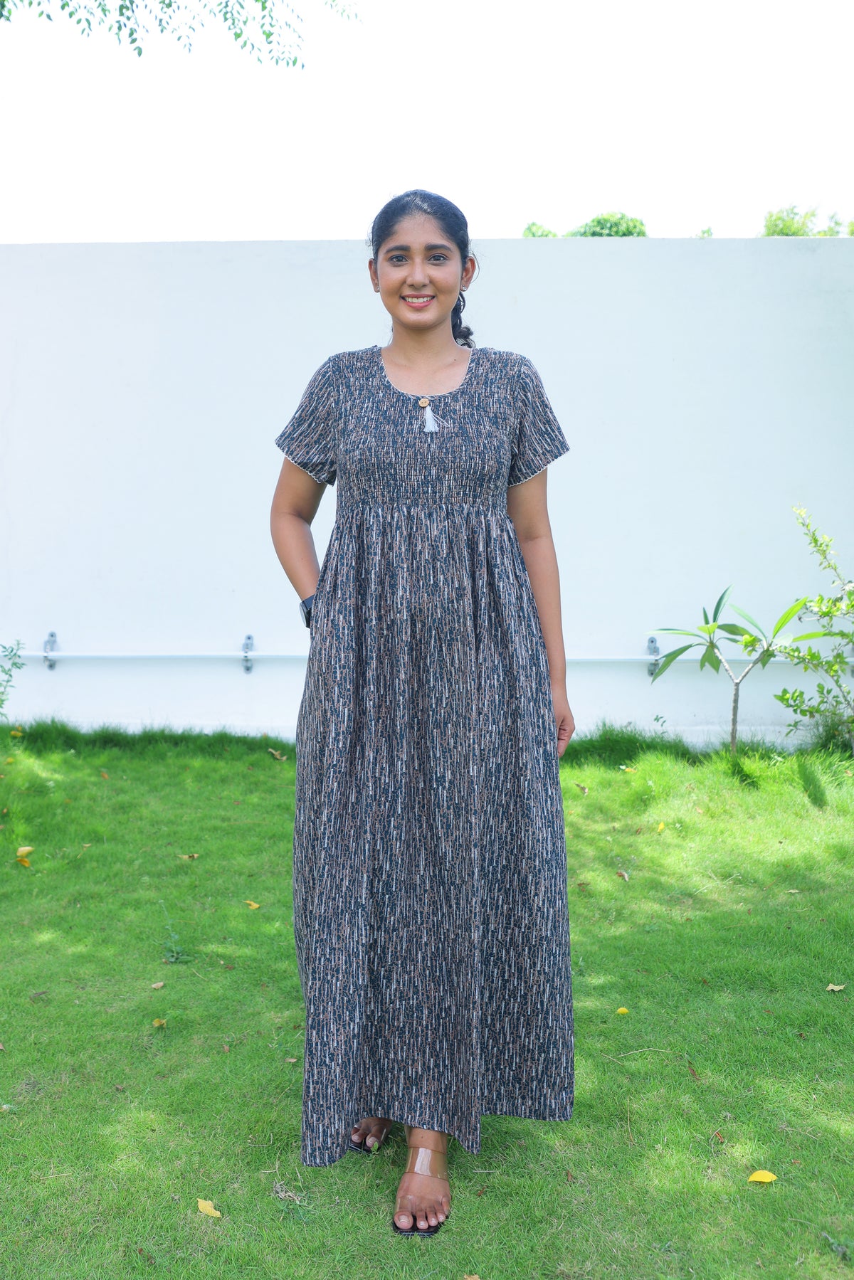 ALPINE Free Size Smocking Nighty | Beautiful Pleated Design | Side Pocket | Elastic Stretchable Model | Stylish Nighty for Trendy Women's(ALS-FS)