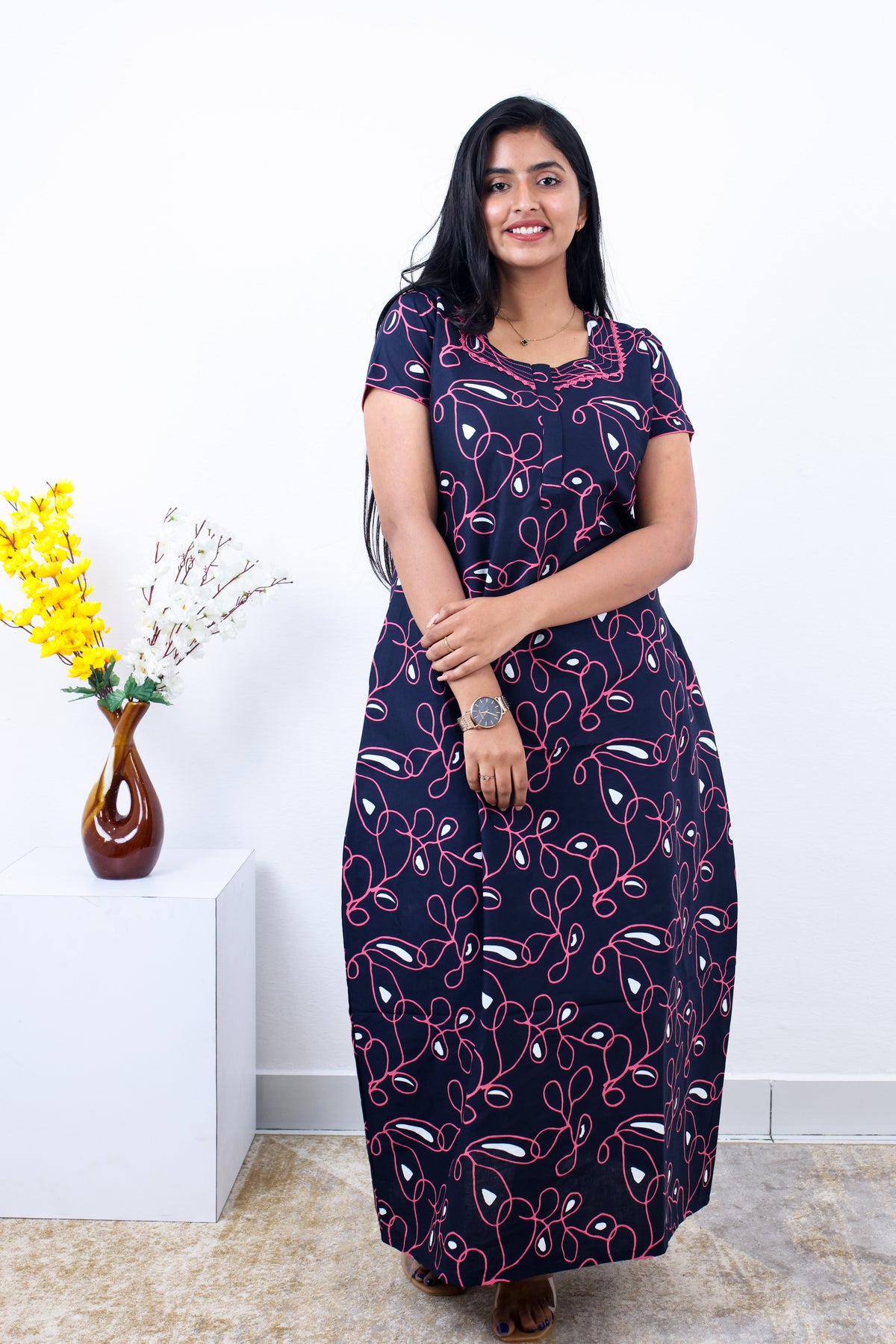 MANGAI New Regular Fit Cotton Printed Nighties - All Over Printed Stylish Nightwear for Stylish Women | Side Cut Pocket | Beautiful Nighties for Stylish Women's | Colourful Printed Cotton Nighties (SLB)