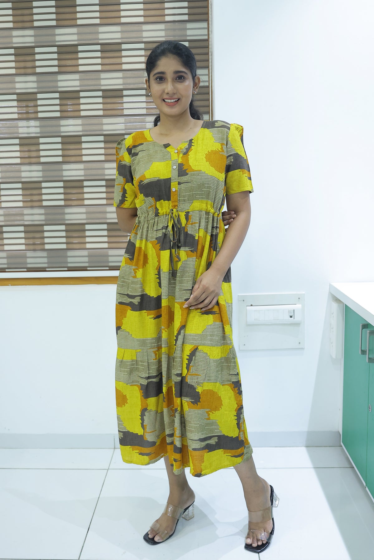 Rayon Colourful Foil Printing Gathering Frock Model Nighties | Side Pocket and Gathering Front Rope | Fancy Sleeve & Maxi Frock Nightwear for Stylish Women's (FGF)