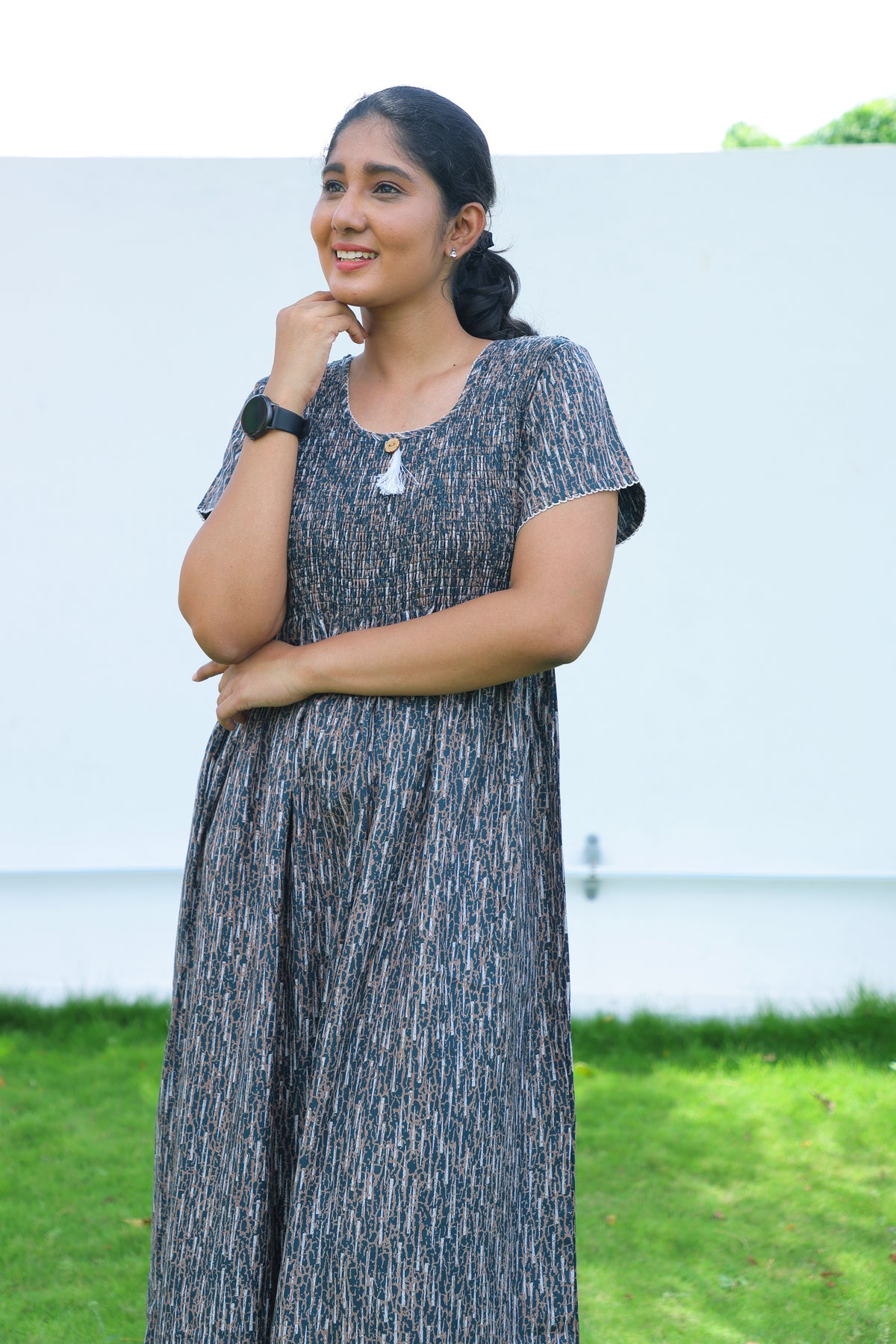 ALPINE Free Size Smocking Nighty | Beautiful Pleated Design | Side Pocket | Elastic Stretchable Model | Stylish Nighty for Trendy Women's(ALS-FS)