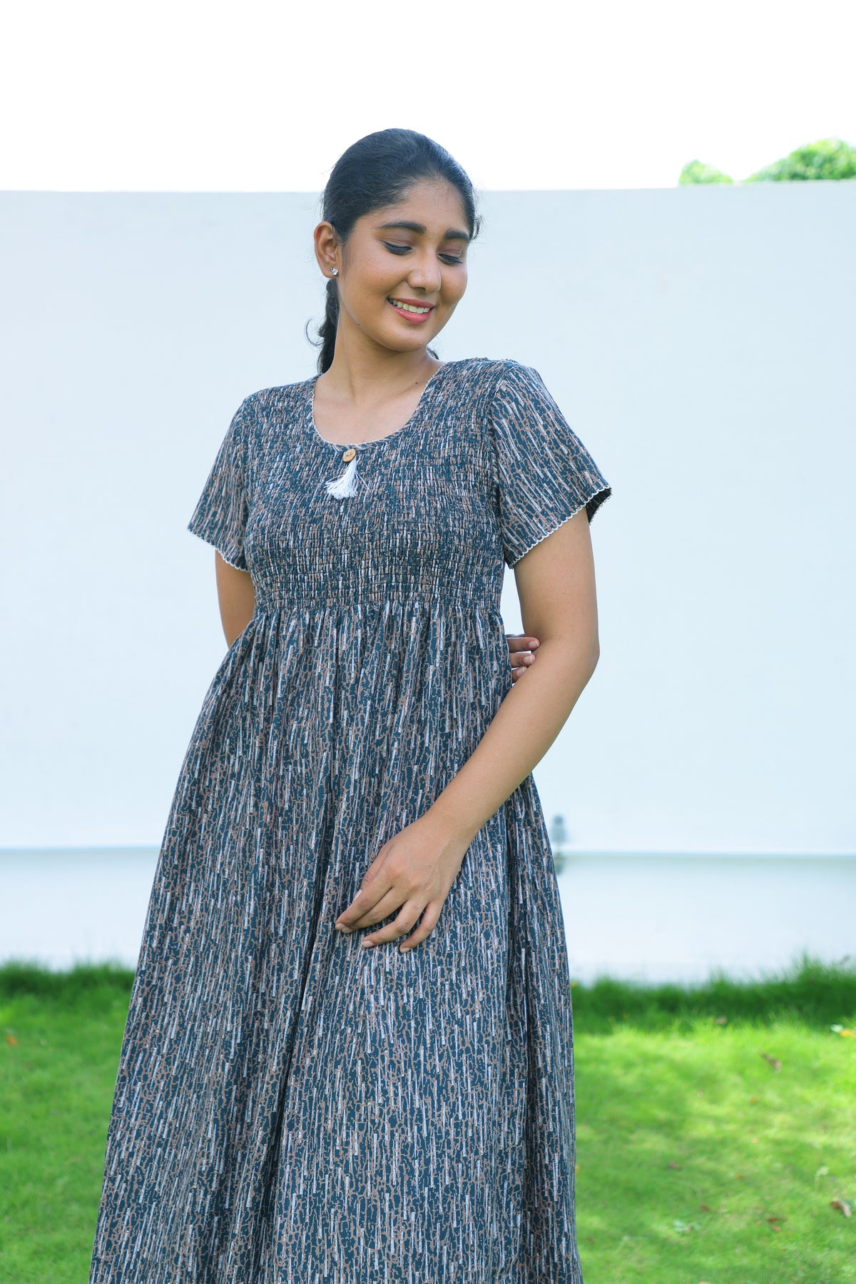 ALPINE Free Size Smocking Nighty | Beautiful Pleated Design | Side Pocket | Elastic Stretchable Model | Stylish Nighty for Trendy Women's(ALS-FS)