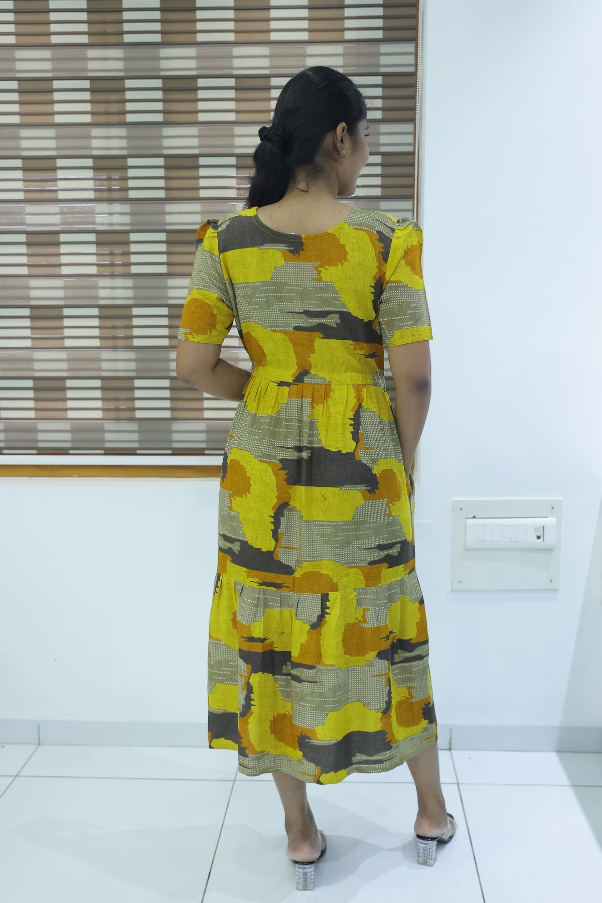Rayon Colourful Foil Printing Gathering Frock Model Nighties | Side Pocket and Gathering Front Rope | Fancy Sleeve & Maxi Frock Nightwear for Stylish Women's (FGF)