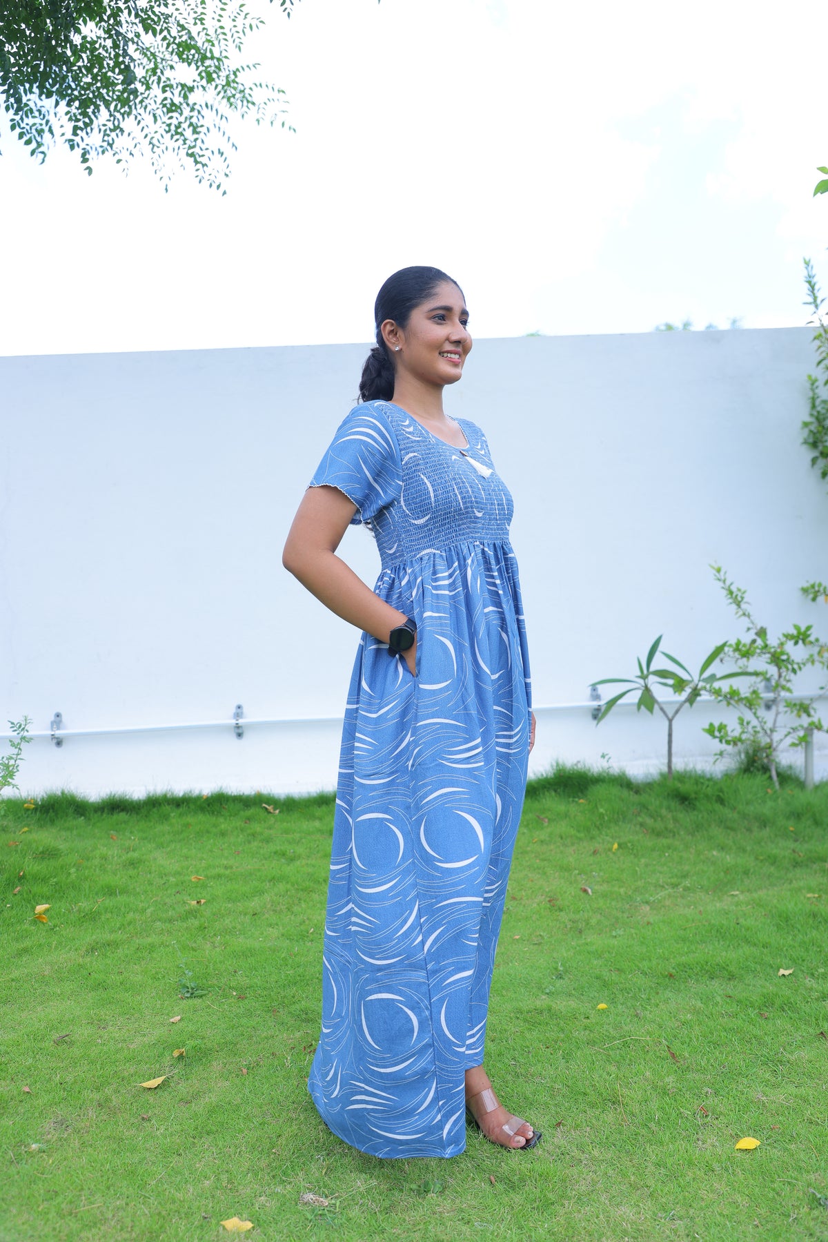 ALPINE Free Size Smocking Nighty | Beautiful Pleated Design | Side Pocket | Elastic Stretchable Model | Stylish Nighty for Trendy Women's(ALS-FS)