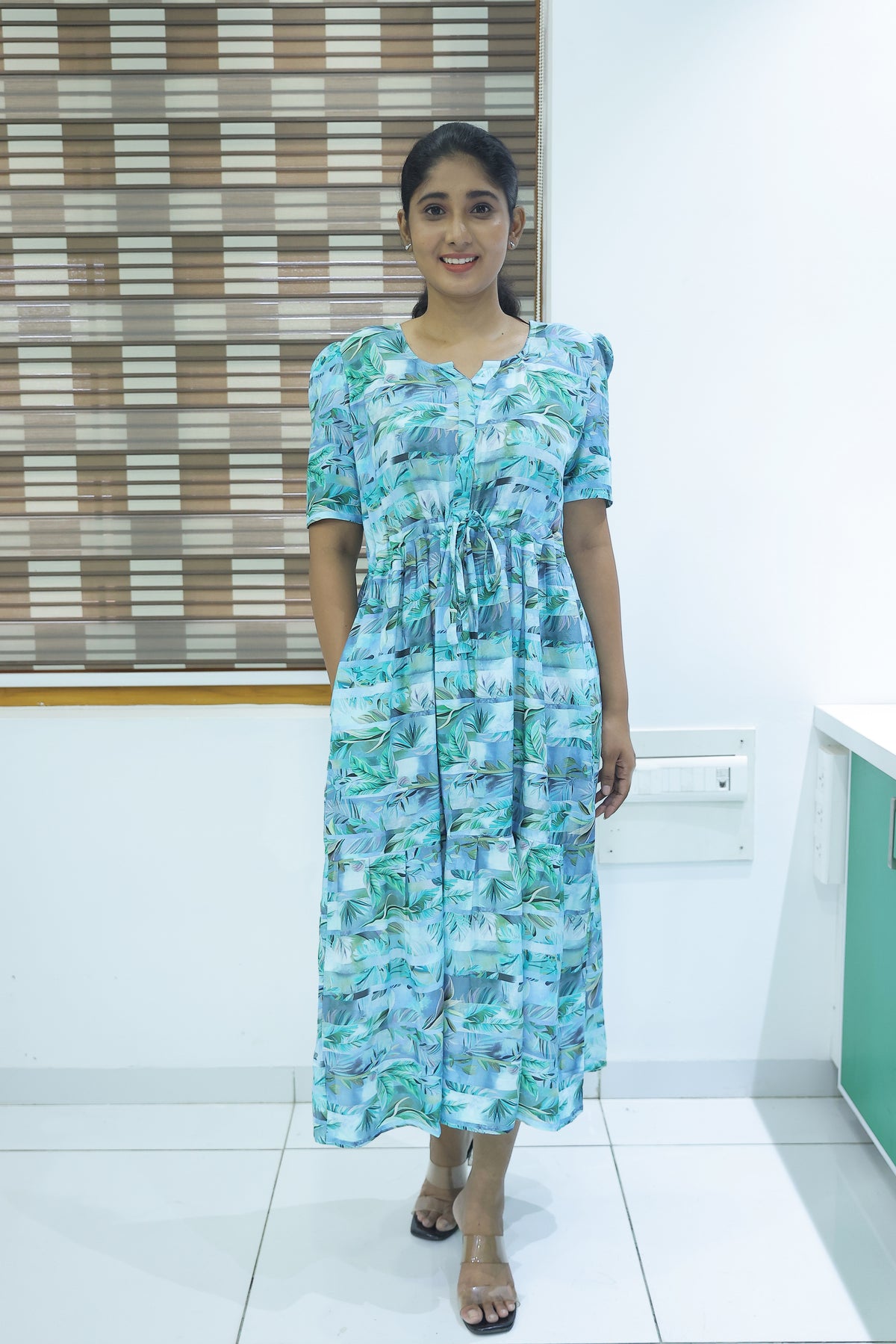 Rayon Colourful Foil Printing Gathering Frock Model Nighties | Side Pocket and Gathering Front Rope | Fancy Sleeve & Maxi Frock Nightwear for Stylish Women's (FGF)