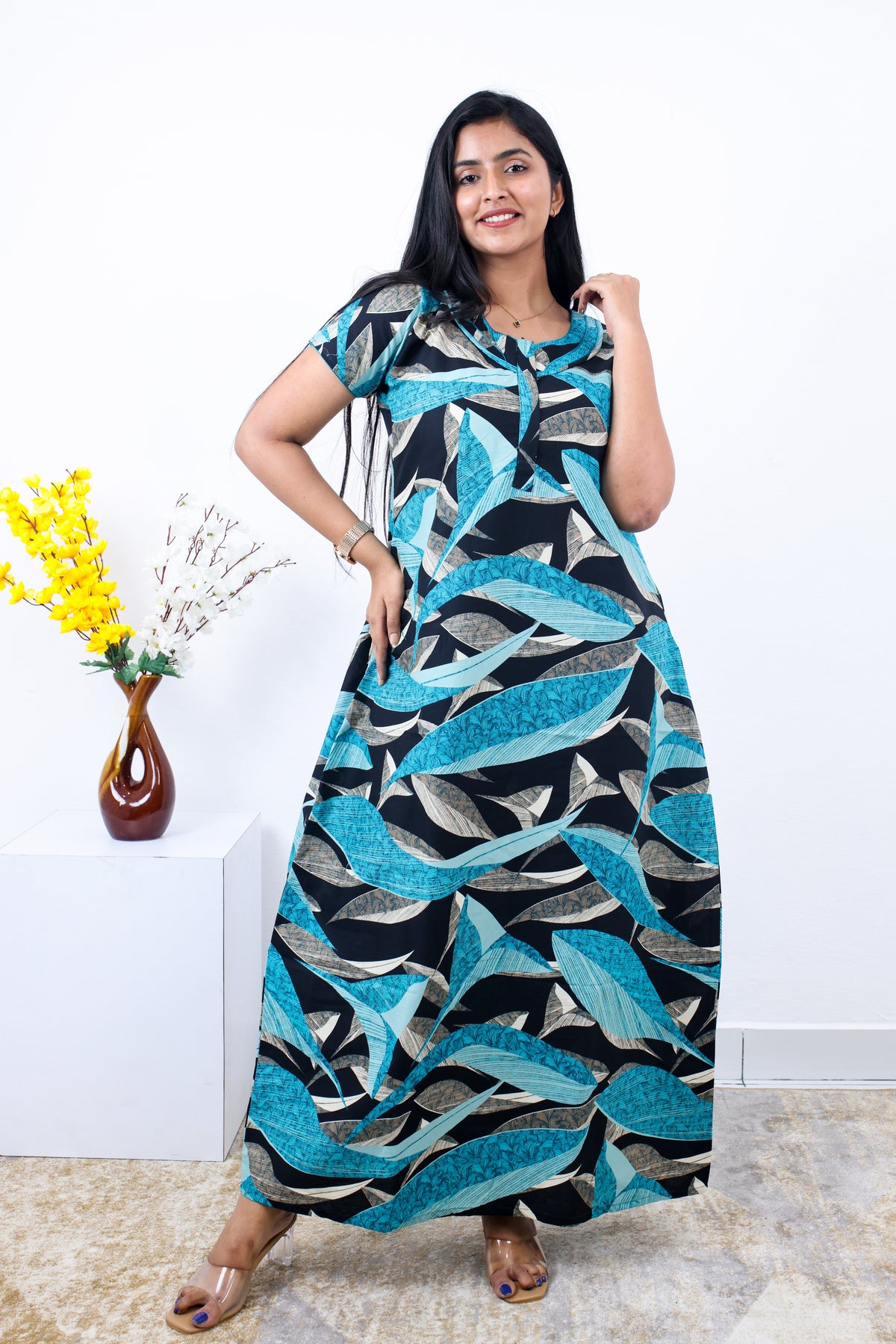 MANGAI New Regular Fit Cotton Printed Nighties - All Over Printed Stylish Nightwear for Stylish Women | Side Cut Pocket | Beautiful Nighties for Stylish Women's | Colourful Printed Cotton Nighties (SLB)