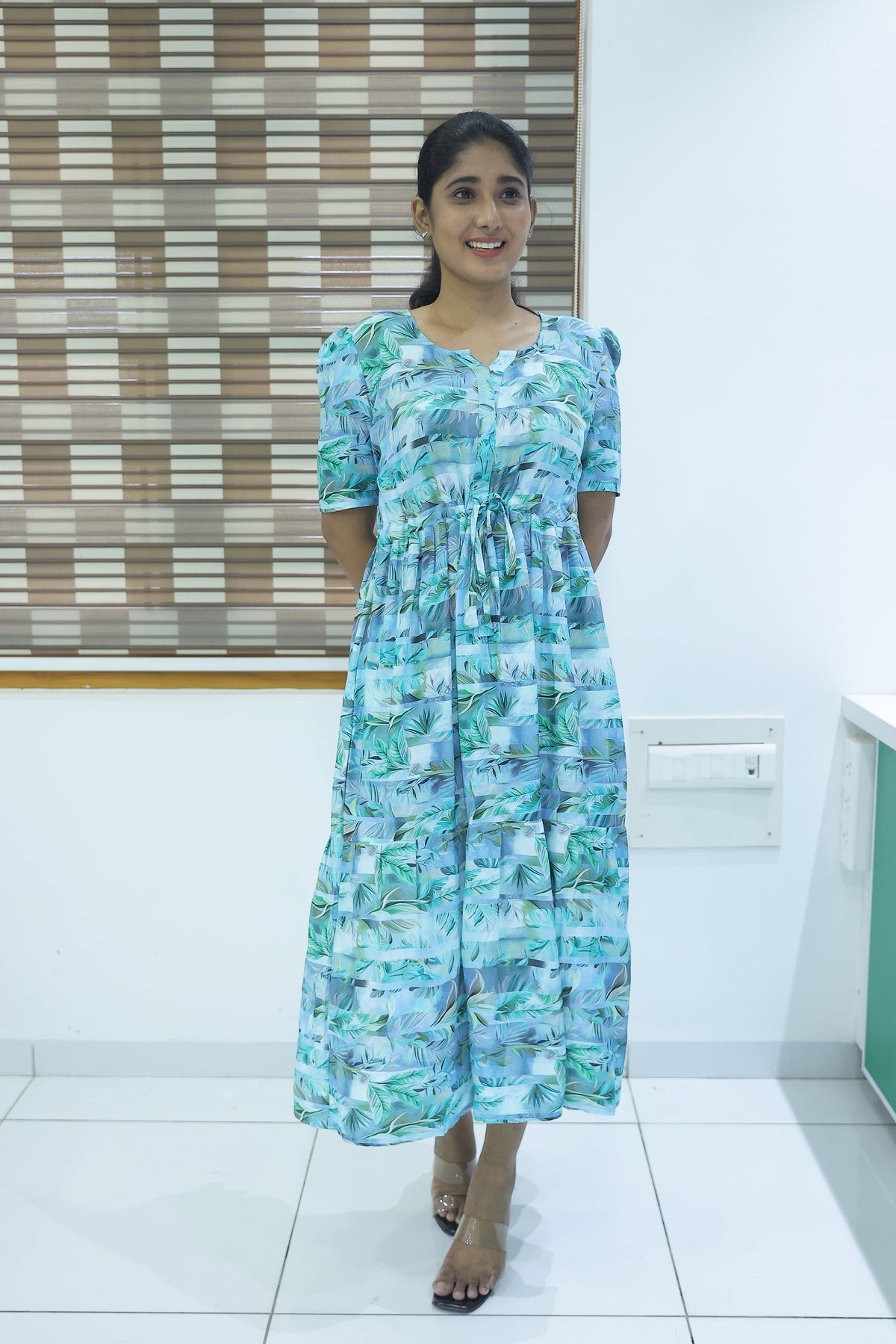 Rayon Colourful Foil Printing Gathering Frock Model Nighties | Side Pocket and Gathering Front Rope | Fancy Sleeve & Maxi Frock Nightwear for Stylish Women's (FGF)