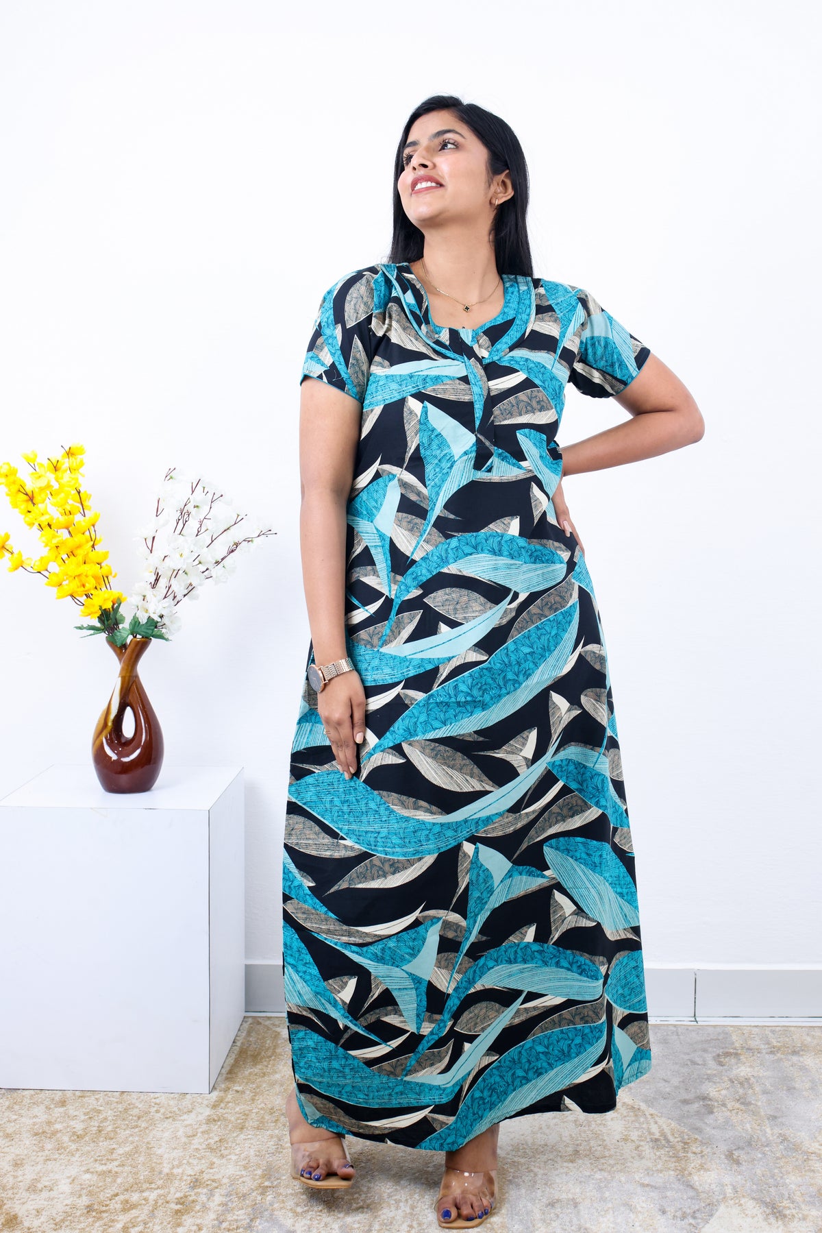 MANGAI New Regular Fit Cotton Printed Nighties - All Over Printed Stylish Nightwear for Stylish Women | Side Cut Pocket | Beautiful Nighties for Stylish Women's | Colourful Printed Cotton Nighties (SLB)