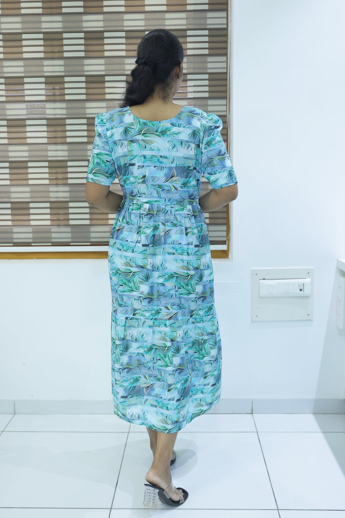 Rayon Colourful Foil Printing Gathering Frock Model Nighties | Side Pocket and Gathering Front Rope | Fancy Sleeve & Maxi Frock Nightwear for Stylish Women's (FGF)