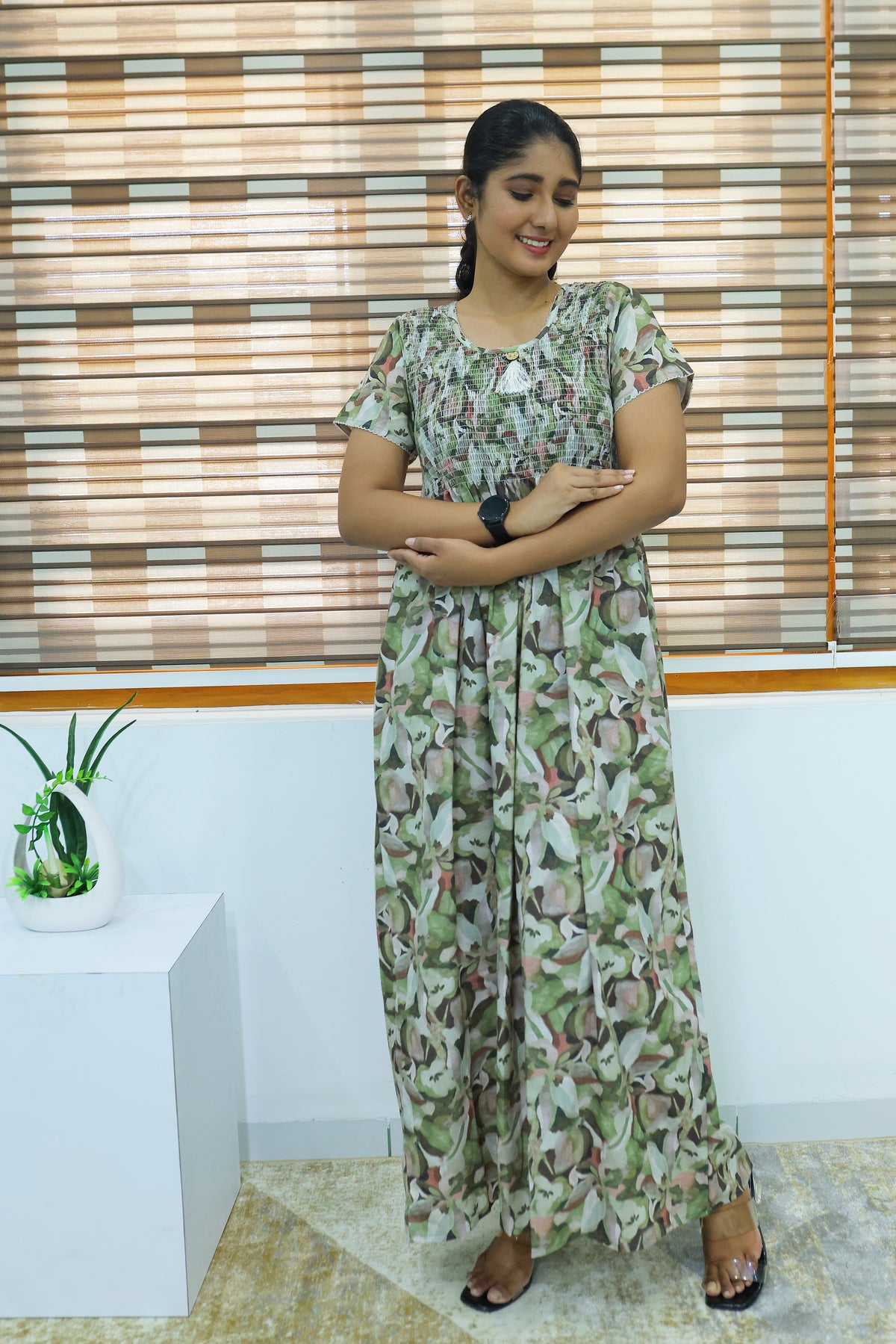 ALPINE Free Size Smocking Nighty | Beautiful Pleated Design | Side Pocket | Elastic Stretchable Model | Stylish Nighty for Trendy Women's (ALS-FS)