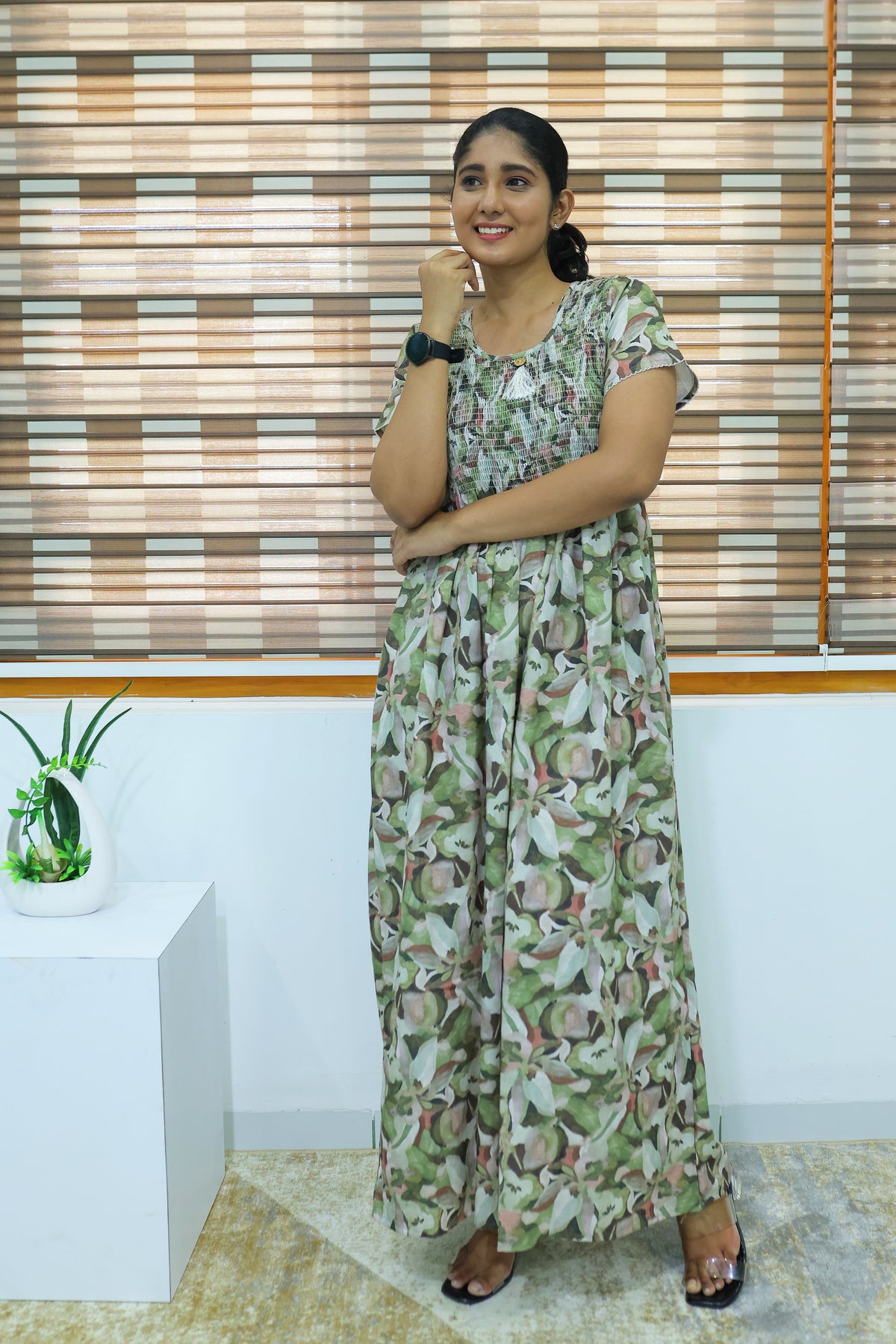 ALPINE Free Size Smocking Nighty | Beautiful Pleated Design | Side Pocket | Elastic Stretchable Model | Stylish Nighty for Trendy Women's (ALS-FS)