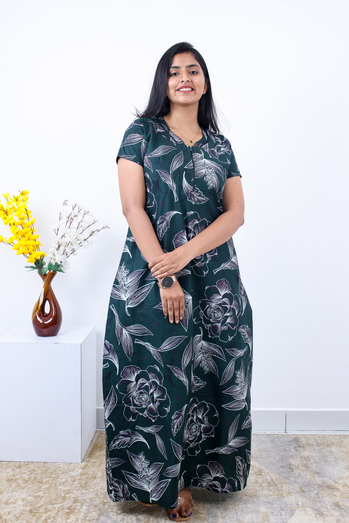 MANGAI New Regular Fit Cotton Printed Nighties - All Over Printed Stylish Nightwear for Stylish Women | Side Cut Pocket | Beautiful Nighties for Stylish Women's | Colourful Printed Cotton Nighties (SLB)