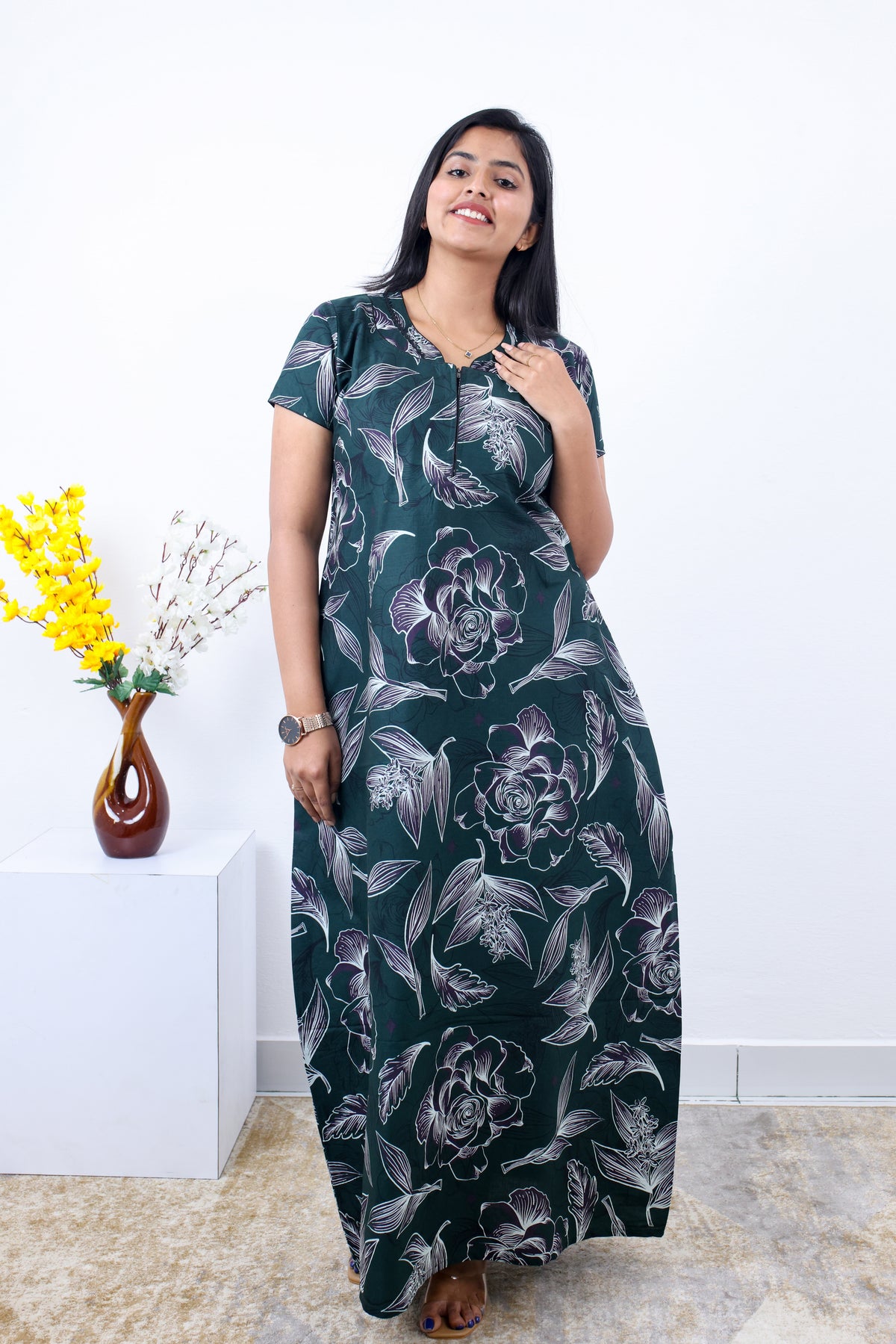 MANGAI New Regular Fit Cotton Printed Nighties - All Over Printed Stylish Nightwear for Stylish Women | Side Cut Pocket | Beautiful Nighties for Stylish Women's | Colourful Printed Cotton Nighties (SLB)