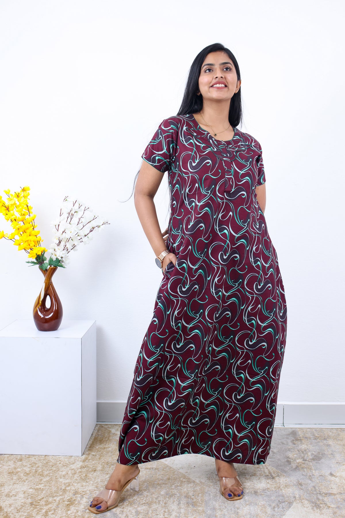 MANGAI New Regular Fit Cotton Printed Nighties - All Over Printed Stylish Nightwear for Stylish Women | Side Cut Pocket | Beautiful Nighties for Stylish Women's | Colourful Printed Cotton Nighties (SLB)