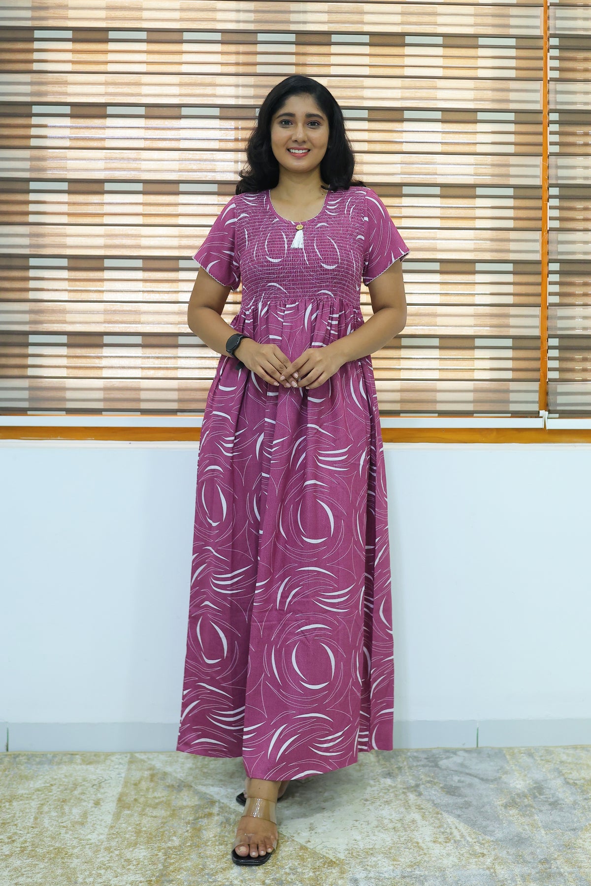 ALPINE Free Size Smocking Nighty | Beautiful Pleated Design | Side Pocket | Elastic Stretchable Model | Stylish Nighty for Trendy Women's(ALS-FS)