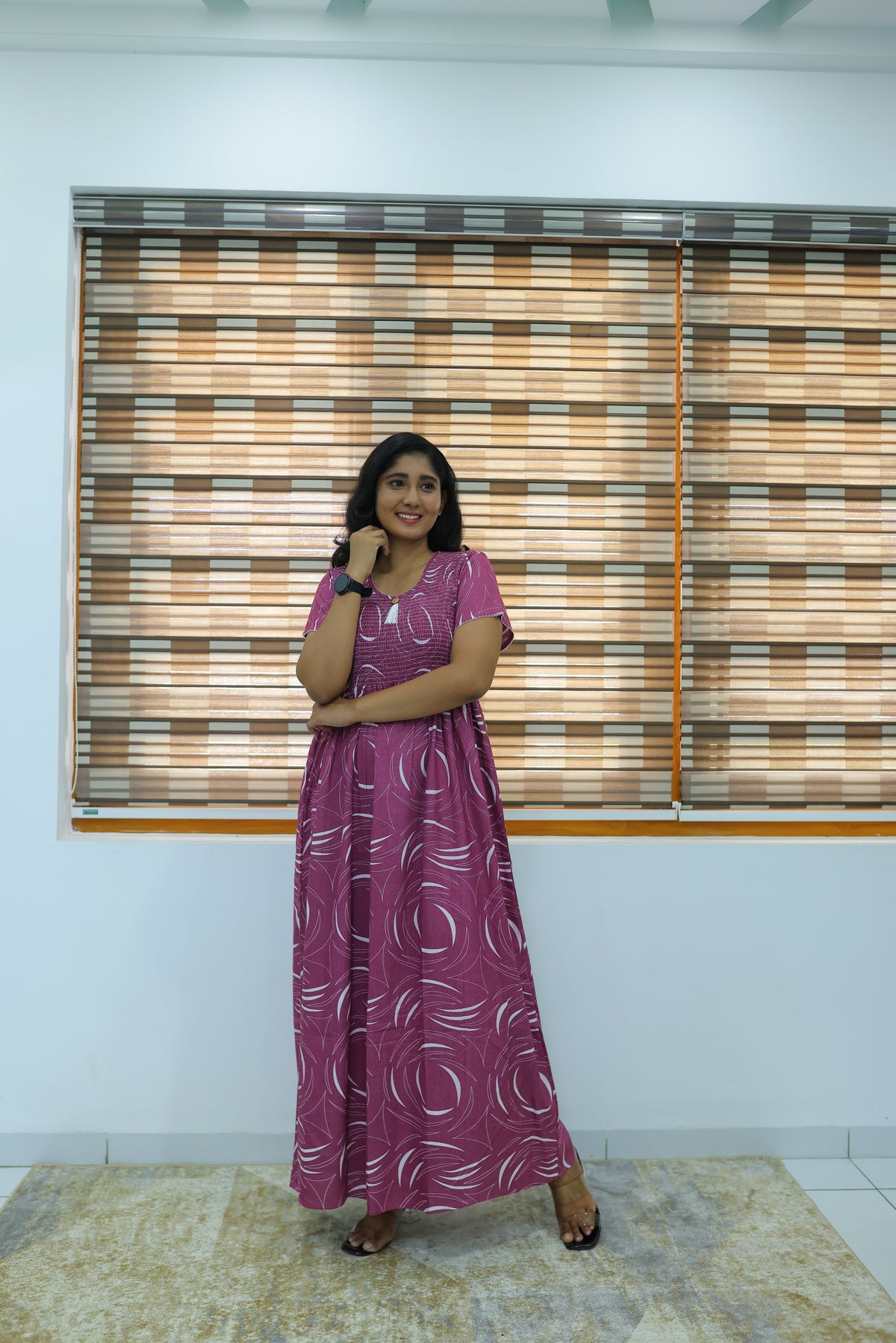 ALPINE Free Size Smocking Nighty | Beautiful Pleated Design | Side Pocket | Elastic Stretchable Model | Stylish Nighty for Trendy Women's(ALS-FS)