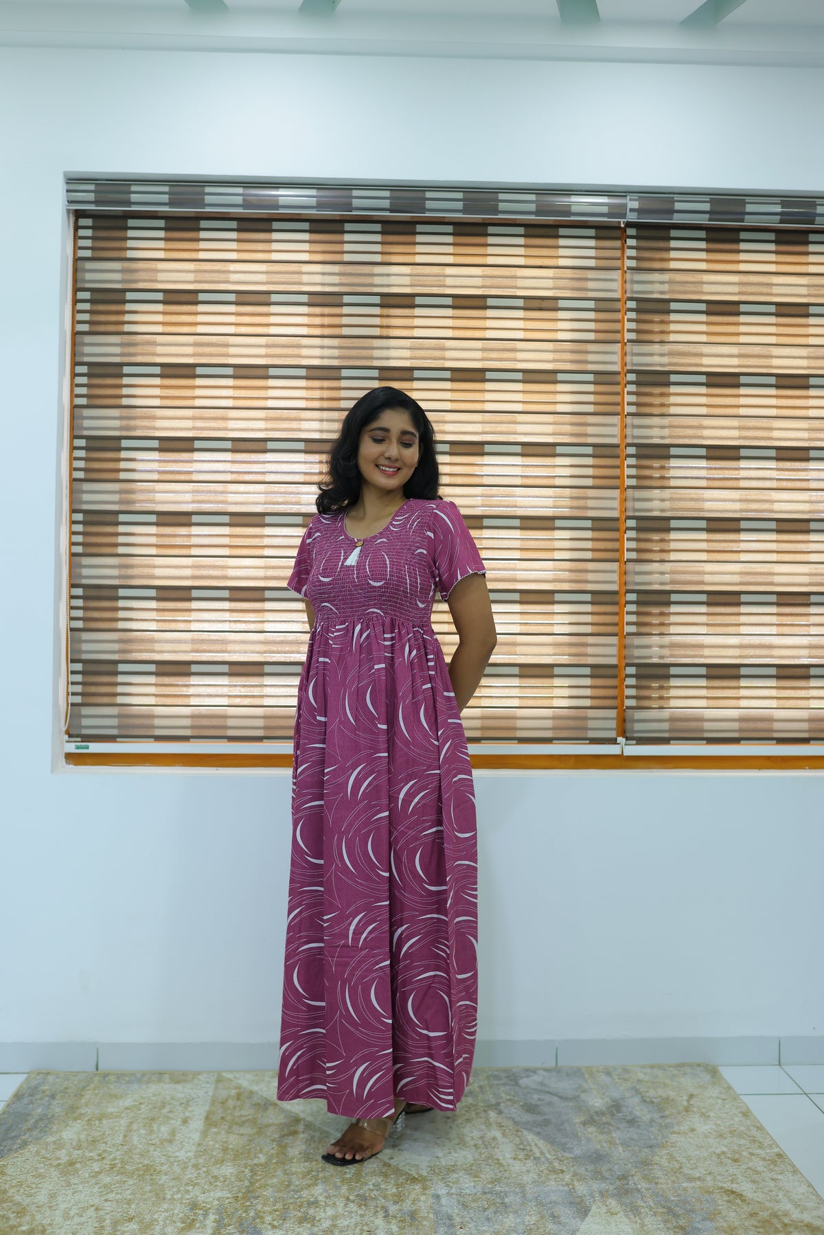 ALPINE Free Size Smocking Nighty | Beautiful Pleated Design | Side Pocket | Elastic Stretchable Model | Stylish Nighty for Trendy Women's(ALS-FS)