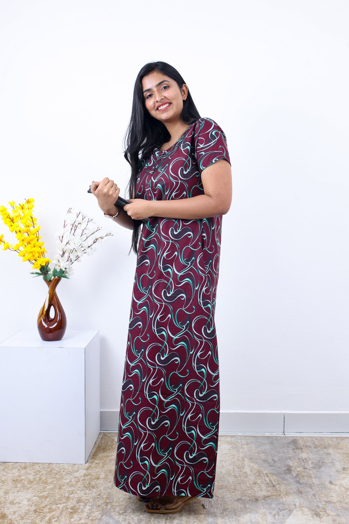 MANGAI New Regular Fit Cotton Printed Nighties - All Over Printed Stylish Nightwear for Stylish Women | Side Cut Pocket | Beautiful Nighties for Stylish Women's | Colourful Printed Cotton Nighties (SLB)