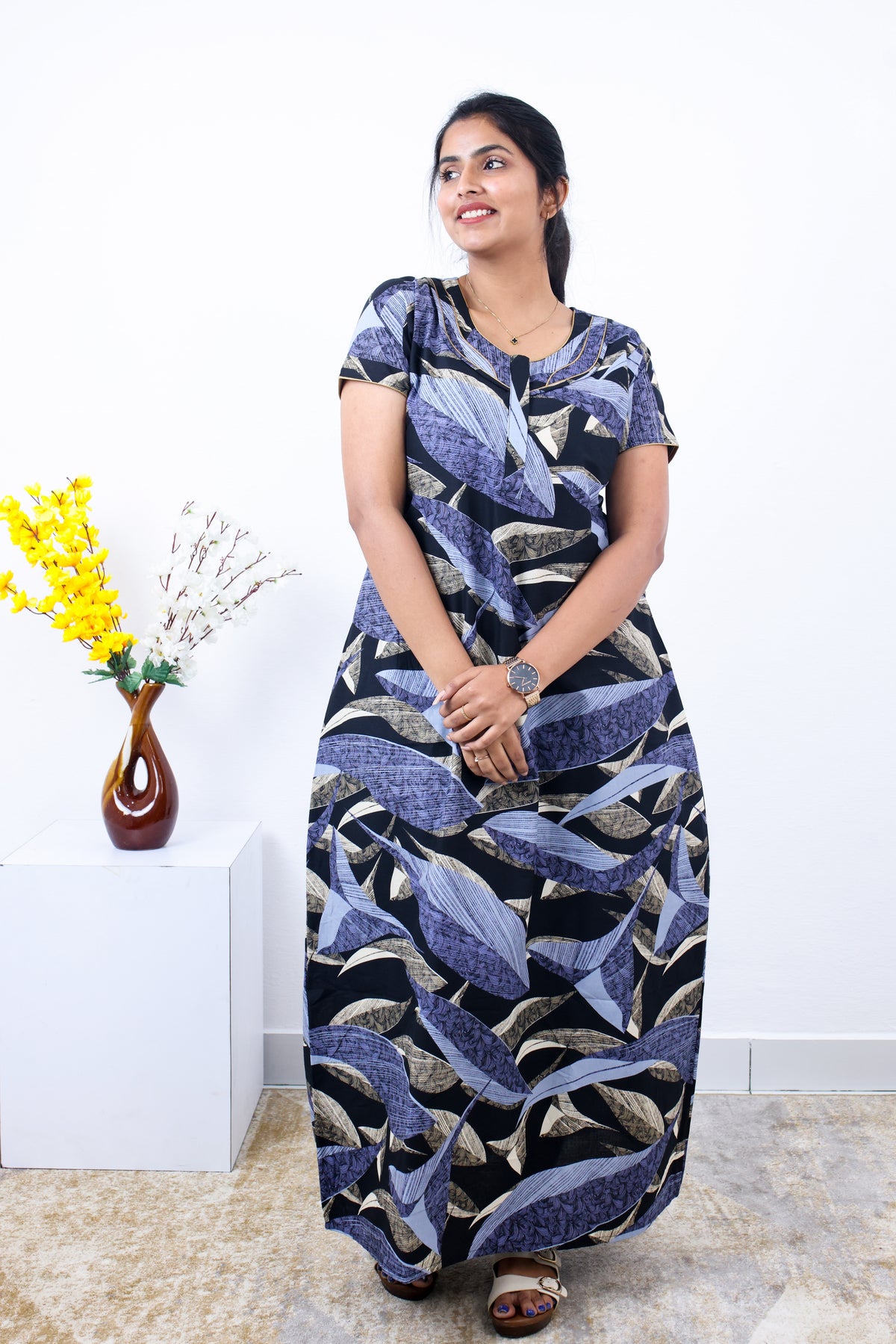 MANGAI New Regular Fit Cotton Printed Nighties - All Over Printed Stylish Nightwear for Stylish Women | Side Cut Pocket | Beautiful Nighties for Stylish Women's | Colourful Printed Cotton Nighties (SLB)