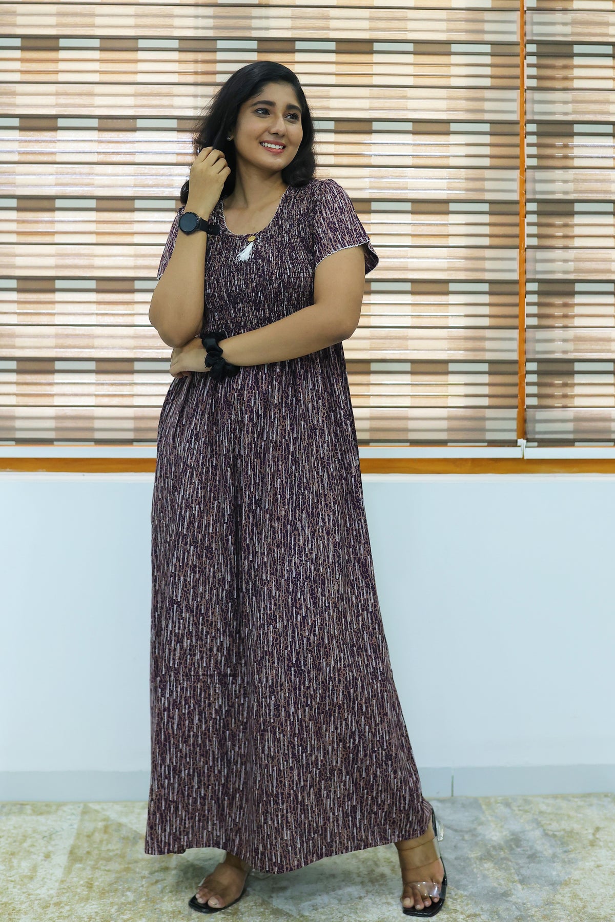 ALPINE Free Size Smocking Nighty | Beautiful Pleated Design | Side Pocket | Elastic Stretchable Model | Stylish Nighty for Trendy Women's(ALS-FS)