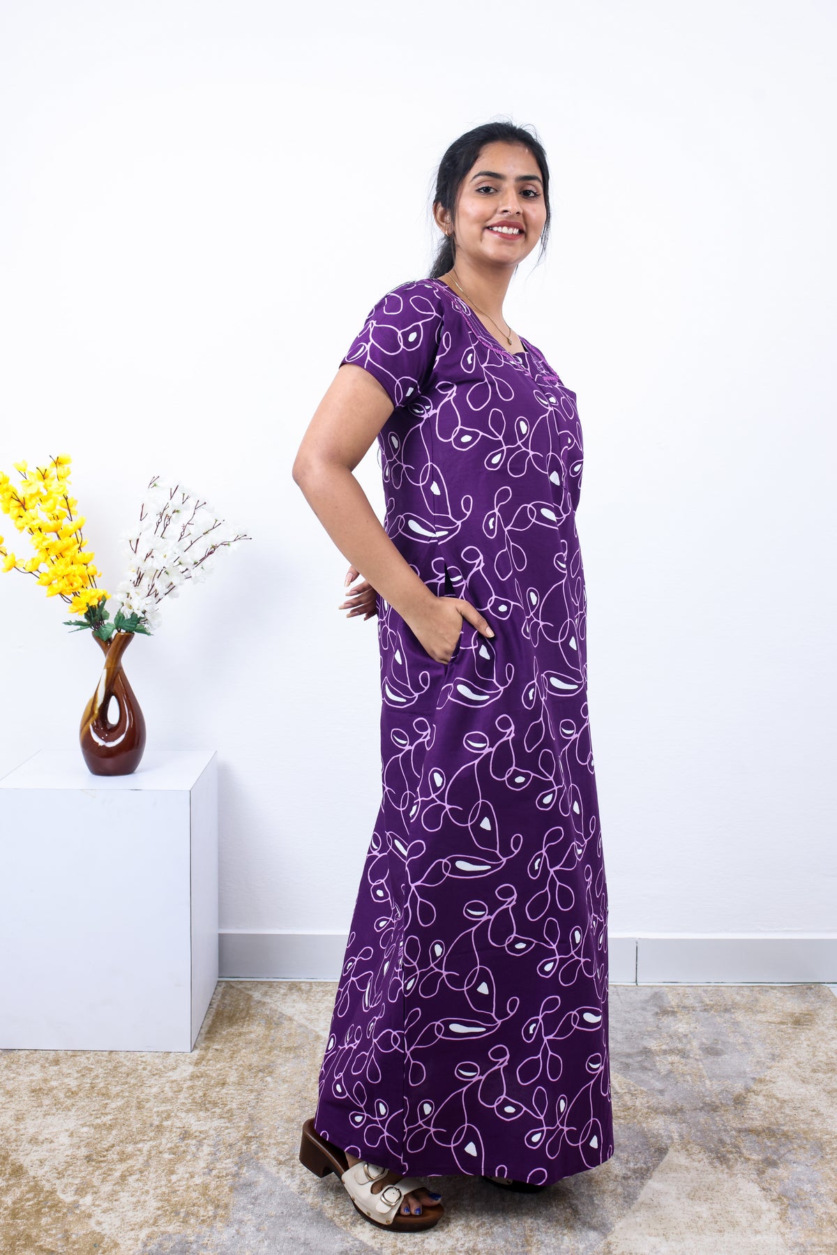 MANGAI Premium Cotton Printed Pleated Model Half Sleeve 3XL Size Nighties - Fancy Neck | With Side Pocket |Shrinkage Free Nighties | Trendy Collection's for Stylish Women's (3PZZ)