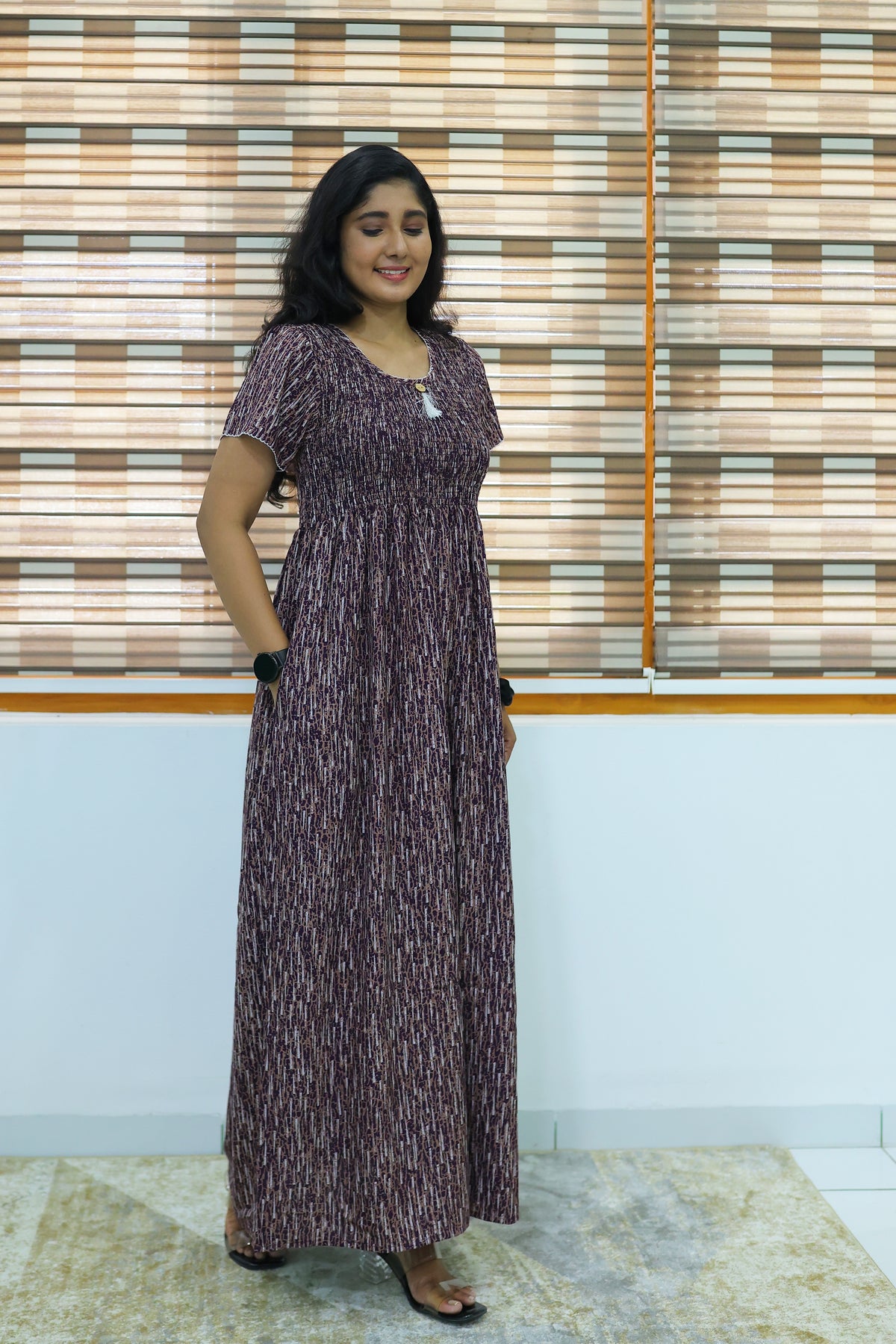 ALPINE Free Size Smocking Nighty | Beautiful Pleated Design | Side Pocket | Elastic Stretchable Model | Stylish Nighty for Trendy Women's(ALS-FS)