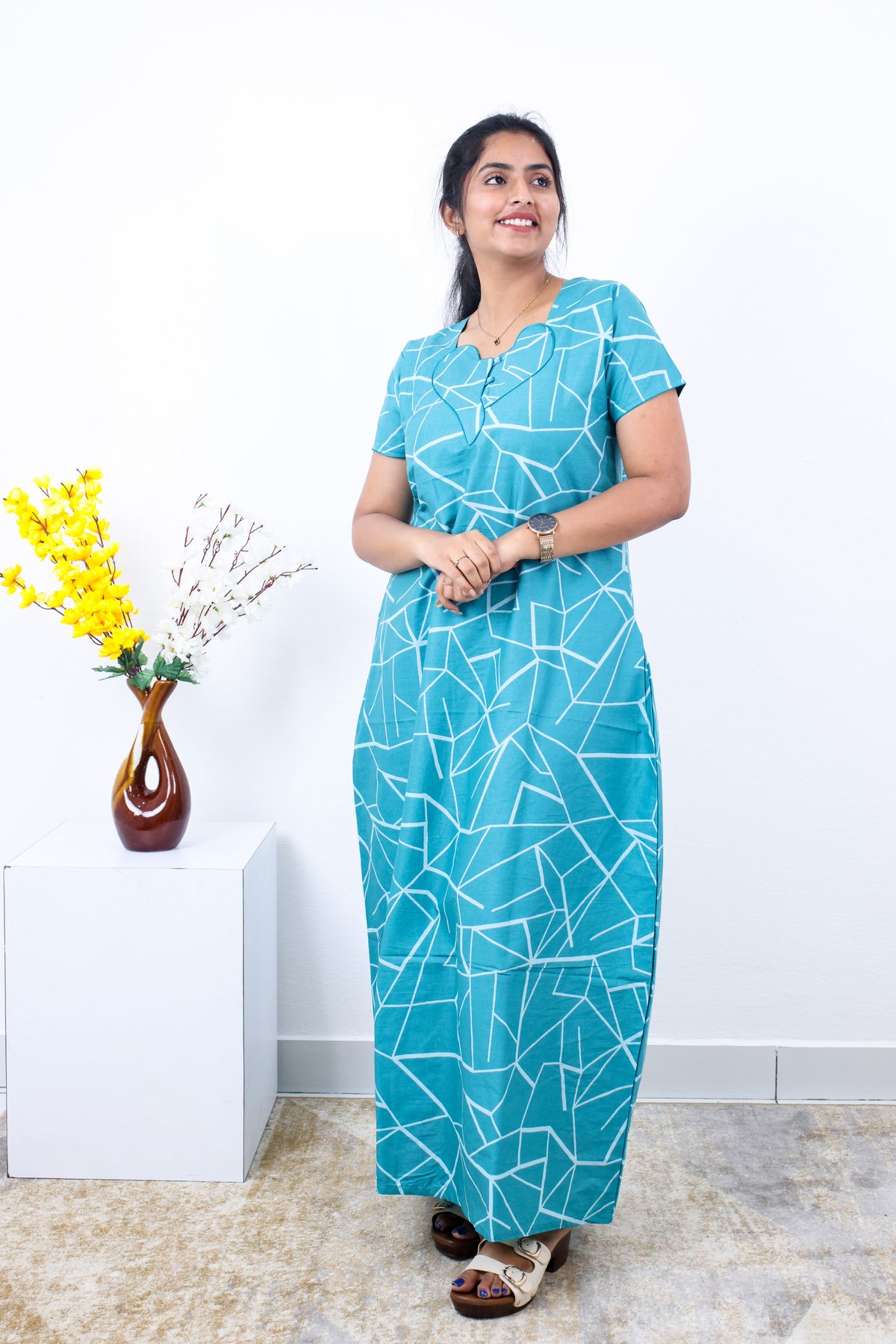 MANGAI New Regular Fit Cotton Printed Nighties - All Over Printed Stylish Nightwear for Stylish Women | Side Cut Pocket | Beautiful Nighties for Stylish Women's | Colourful Printed Cotton Nighties (SLB)