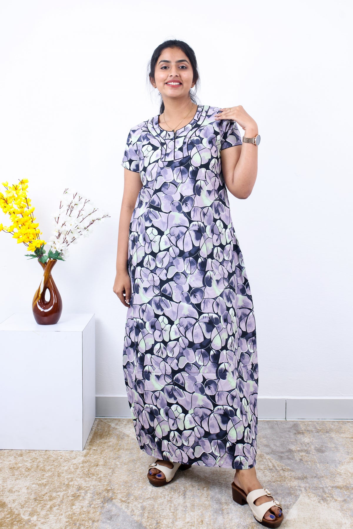 MANGAI New Regular Fit Cotton Printed Nighties - All Over Printed Stylish Nightwear for Stylish Women | Side Cut Pocket | Beautiful Nighties for Stylish Women's | Colourful Printed Cotton Nighties (SLB)