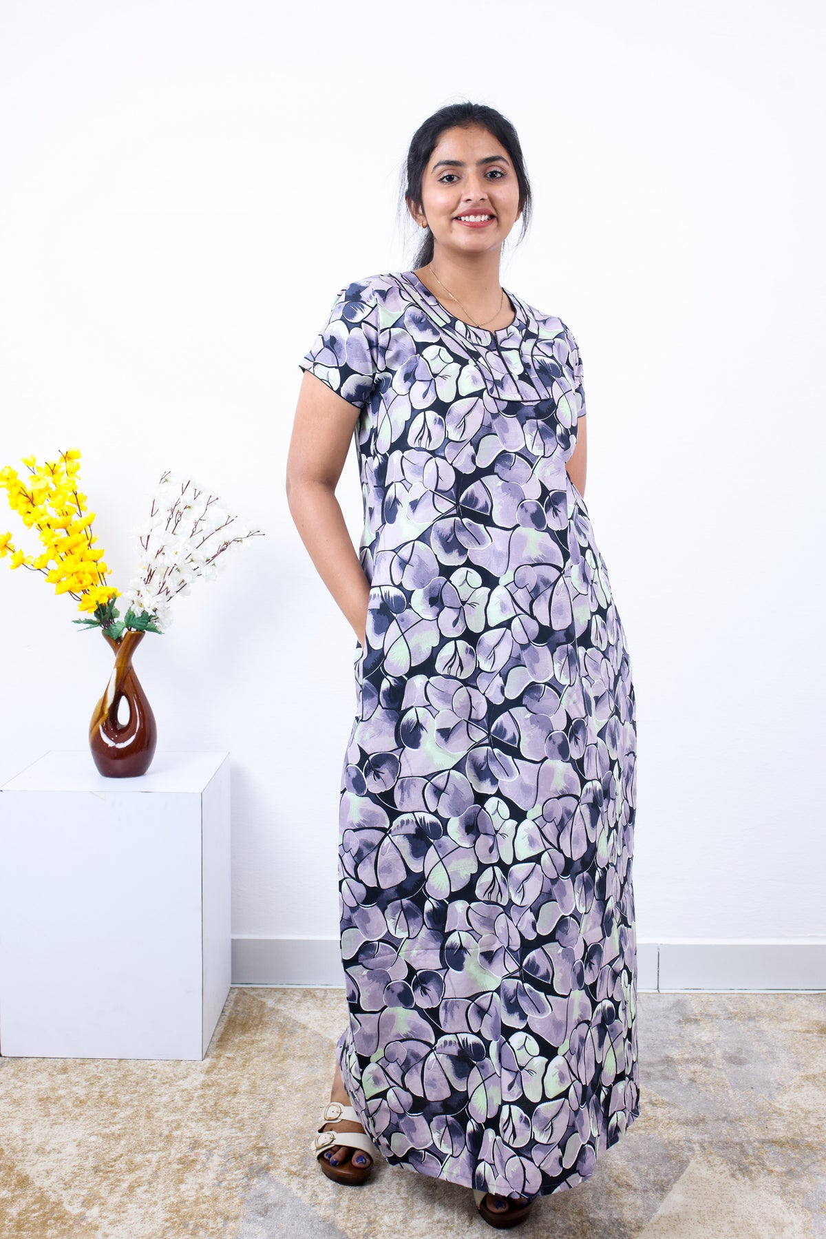 MANGAI New Regular Fit Cotton Printed Nighties - All Over Printed Stylish Nightwear for Stylish Women | Side Cut Pocket | Beautiful Nighties for Stylish Women's | Colourful Printed Cotton Nighties (SLB)