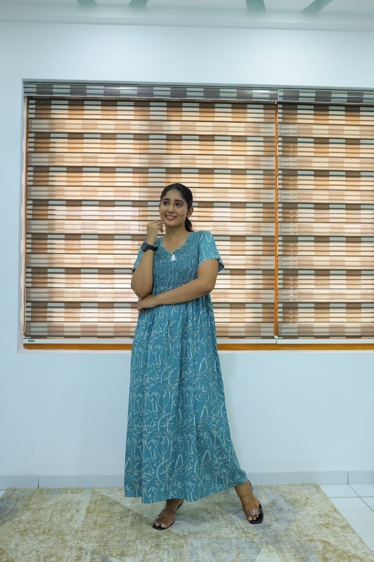 ALPINE Free Size Smocking Nighty | Beautiful Pleated Design | Side Pocket | Elastic Stretchable Model | Stylish Nighty for Trendy Women's(ALS-FS)