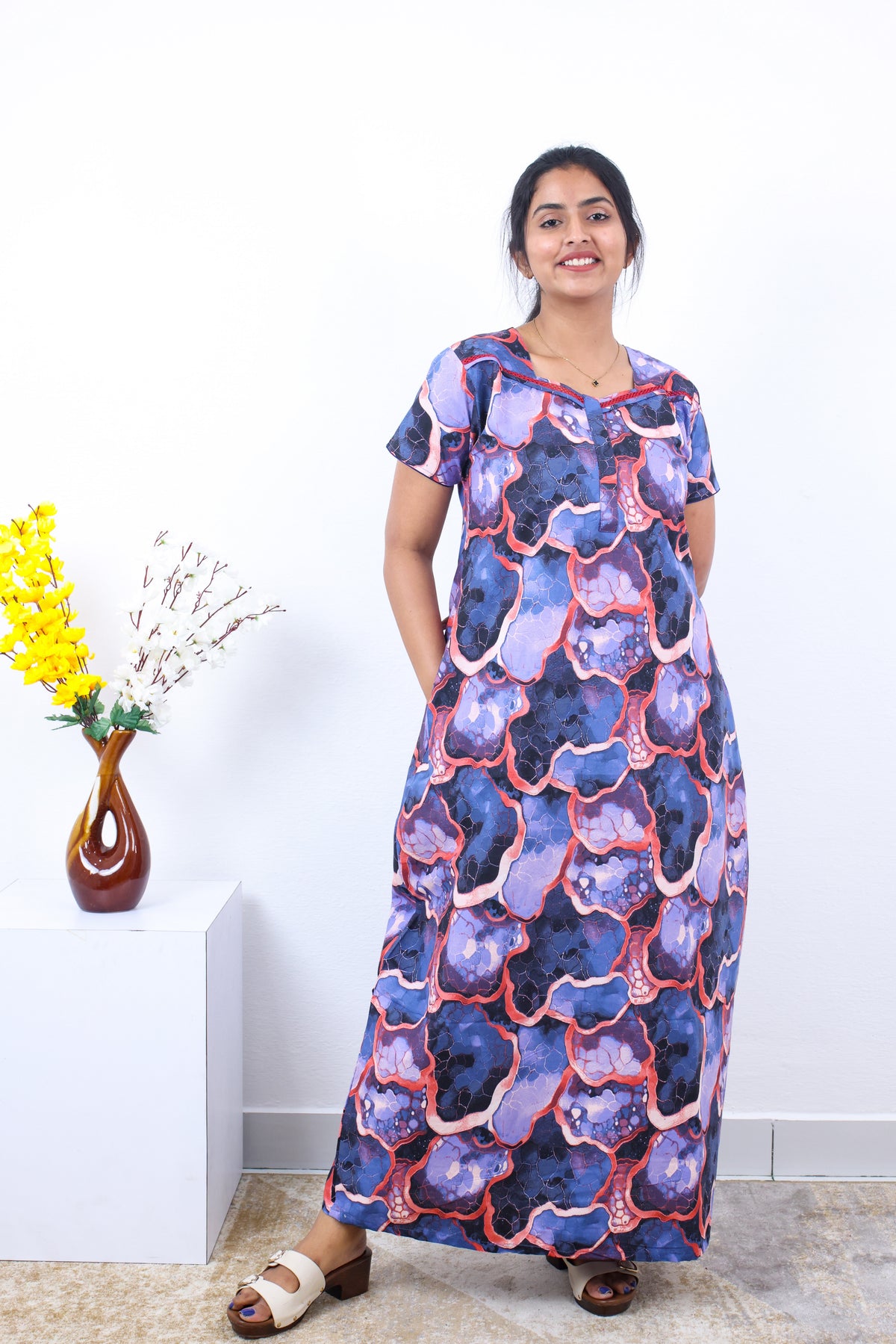 MANGAI New Regular Fit Cotton Printed Nighties - All Over Printed Stylish Nightwear for Stylish Women | Side Cut Pocket | Beautiful Nighties for Stylish Women's | Colourful Printed Cotton Nighties (SLB)