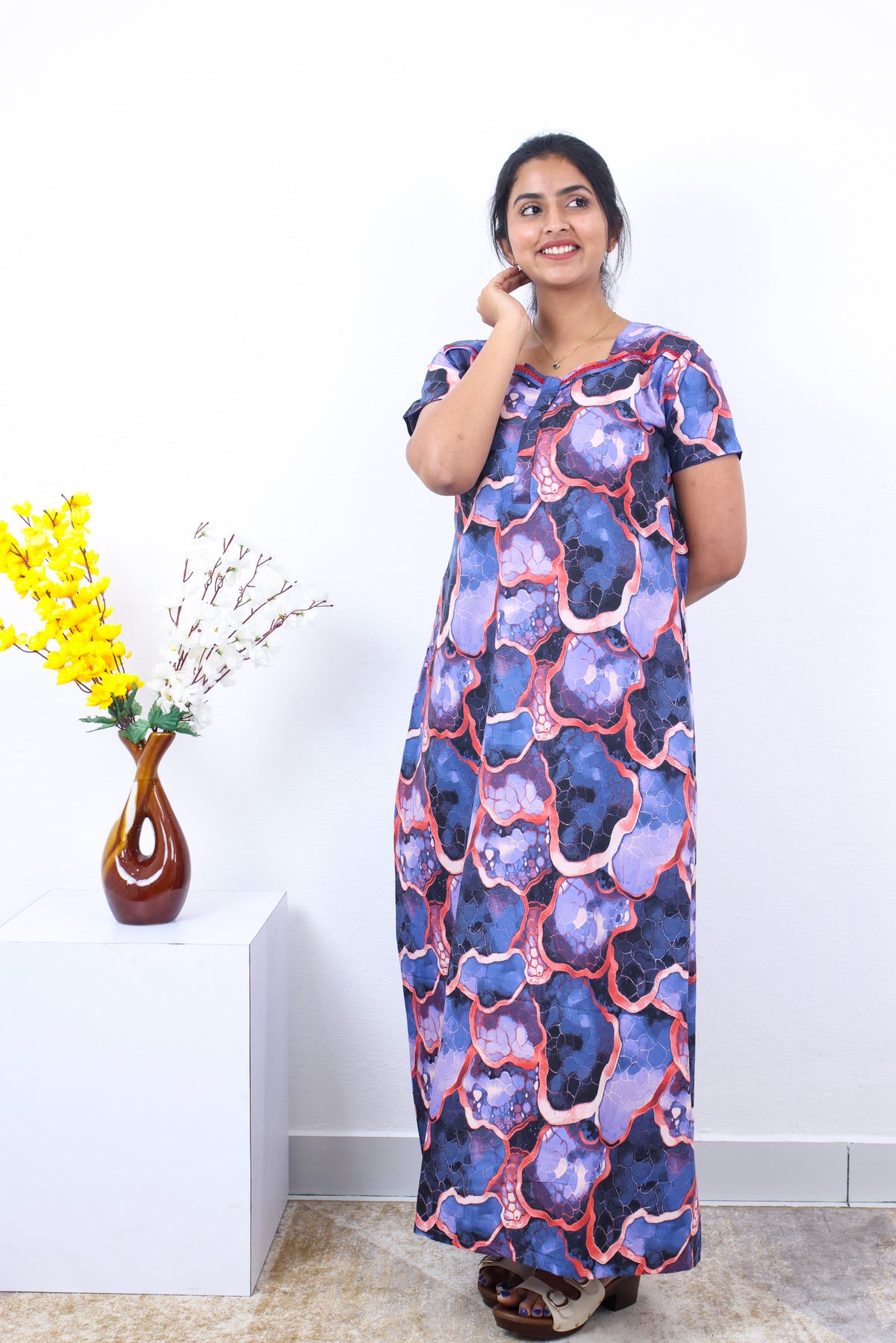 MANGAI New Regular Fit Cotton Printed Nighties - All Over Printed Stylish Nightwear for Stylish Women | Side Cut Pocket | Beautiful Nighties for Stylish Women's | Colourful Printed Cotton Nighties (SLB)