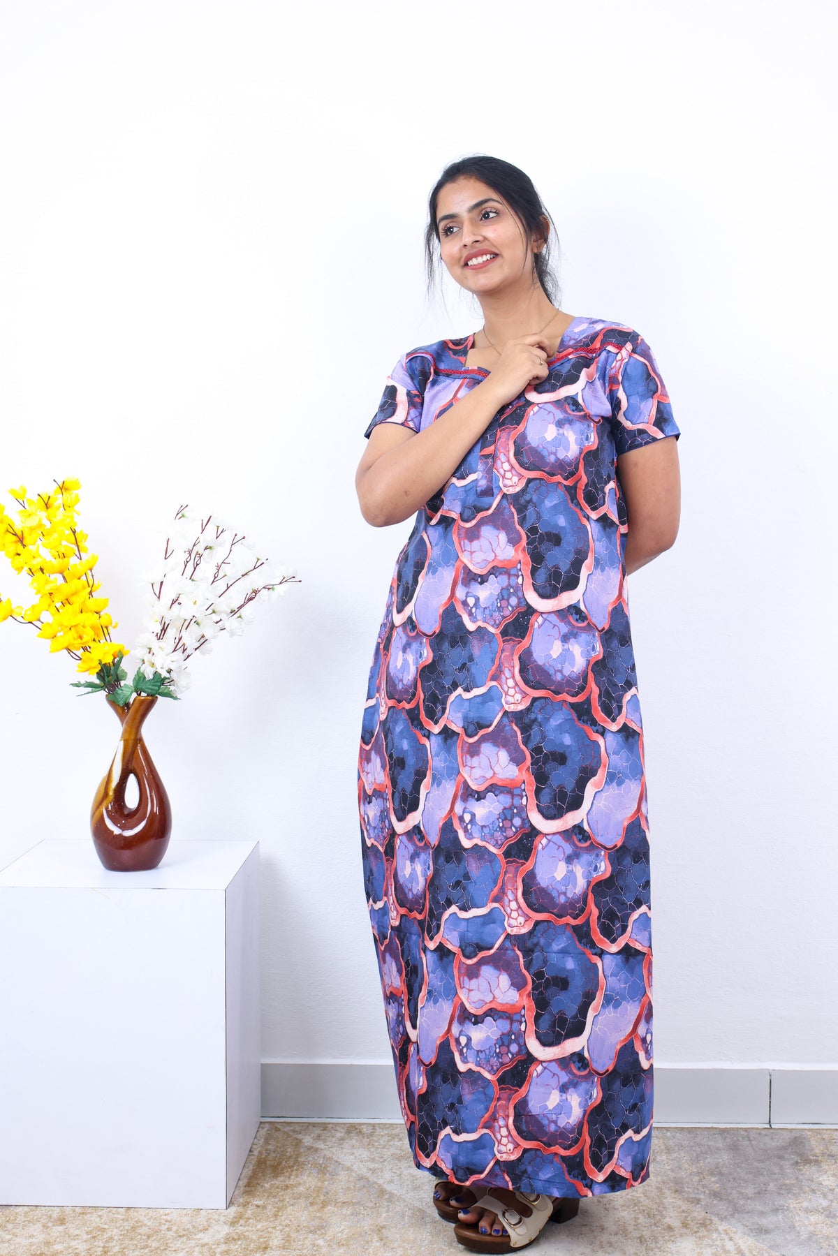MANGAI New Regular Fit Cotton Printed Nighties - All Over Printed Stylish Nightwear for Stylish Women | Side Cut Pocket | Beautiful Nighties for Stylish Women's | Colourful Printed Cotton Nighties (SLB)