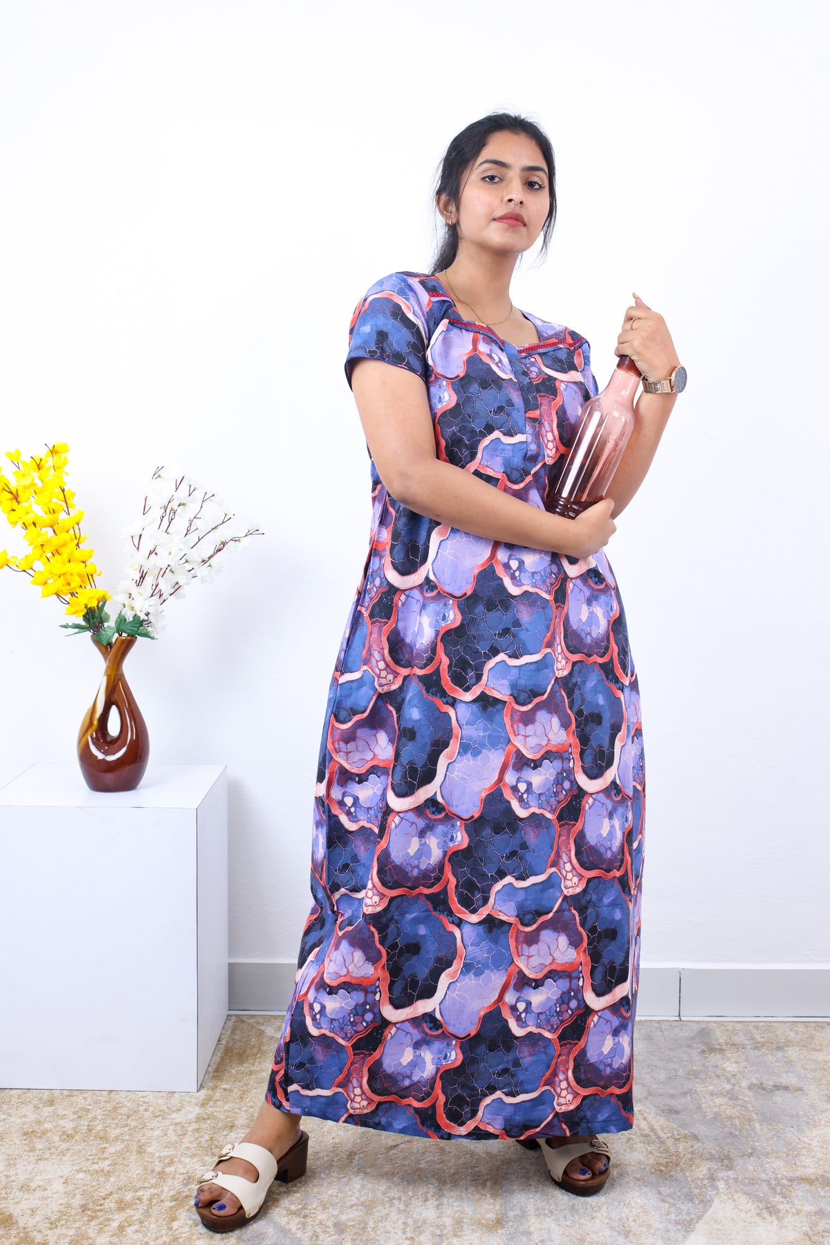 MANGAI New Regular Fit Cotton Printed Nighties - All Over Printed Stylish Nightwear for Stylish Women | Side Cut Pocket | Beautiful Nighties for Stylish Women's | Colourful Printed Cotton Nighties (SLB)