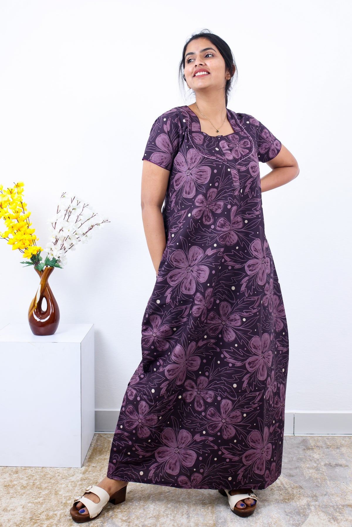 MANGAI New Regular Fit Cotton Printed Nighties - All Over Printed Stylish Nightwear for Stylish Women | Side Cut Pocket | Beautiful Nighties for Stylish Women's | Colourful Printed Cotton Nighties (SLB)