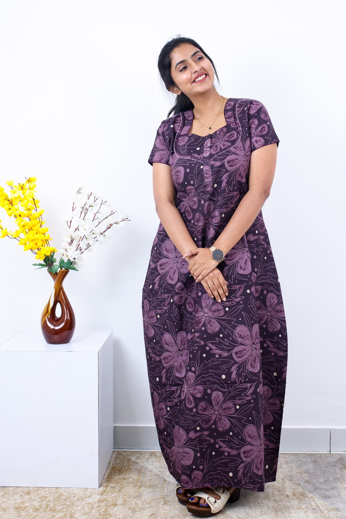 MANGAI New Regular Fit Cotton Printed Nighties - All Over Printed Stylish Nightwear for Stylish Women | Side Cut Pocket | Beautiful Nighties for Stylish Women's | Colourful Printed Cotton Nighties (SLB)