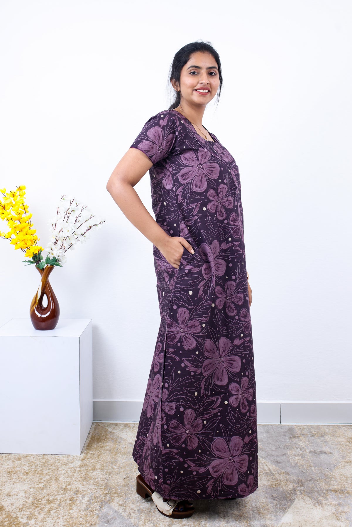 MANGAI New Regular Fit Cotton Printed Nighties - All Over Printed Stylish Nightwear for Stylish Women | Side Cut Pocket | Beautiful Nighties for Stylish Women's | Colourful Printed Cotton Nighties (SLB)