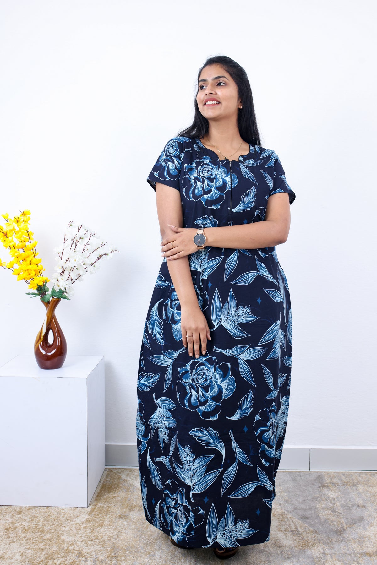 MANGAI New Regular Fit Cotton Printed Nighties - All Over Printed Stylish Nightwear for Stylish Women | Side Cut Pocket | Beautiful Nighties for Stylish Women's | Colourful Printed Cotton Nighties (SLB)