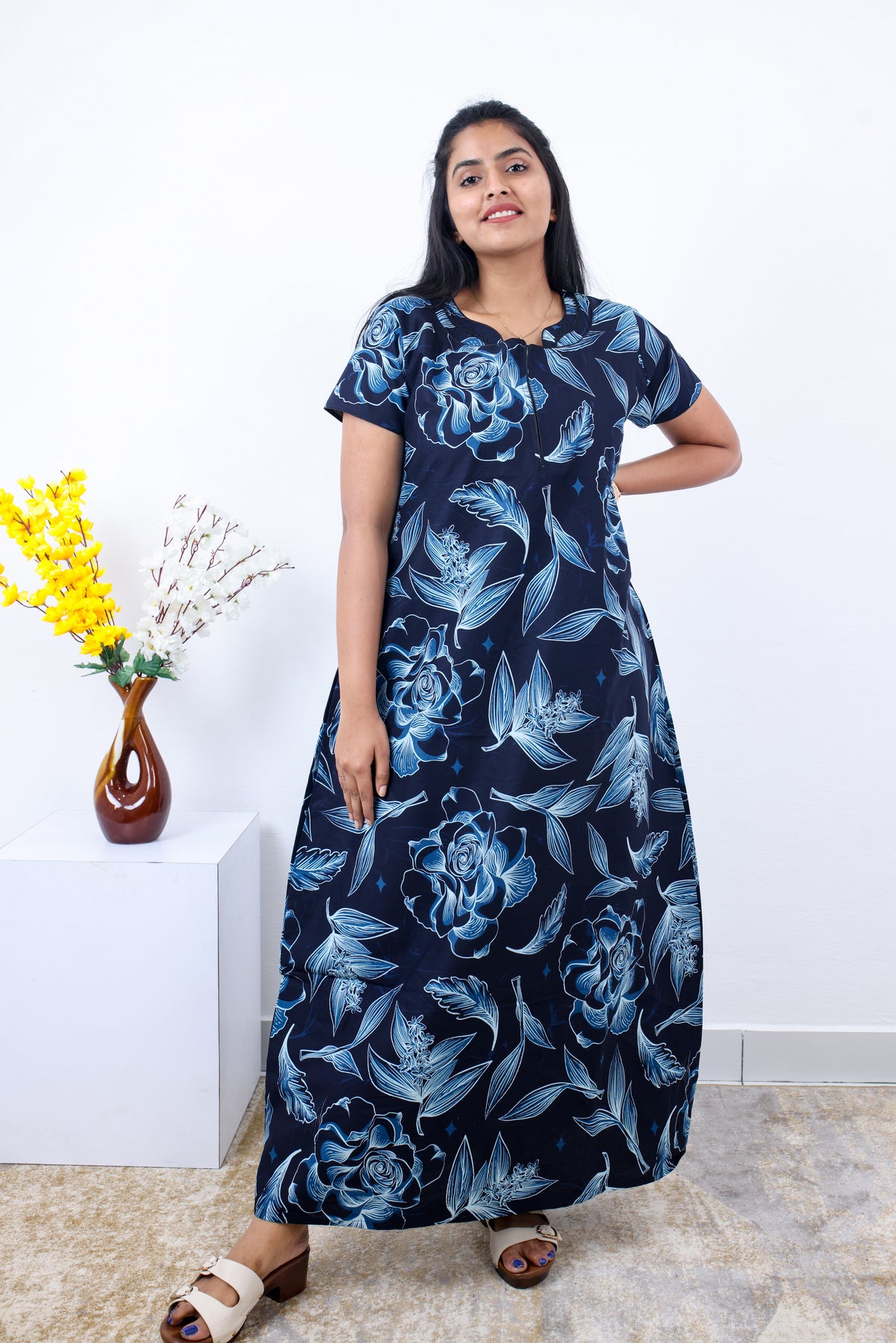 MANGAI New Regular Fit Cotton Printed Nighties - All Over Printed Stylish Nightwear for Stylish Women | Side Cut Pocket | Beautiful Nighties for Stylish Women's | Colourful Printed Cotton Nighties (SLB)