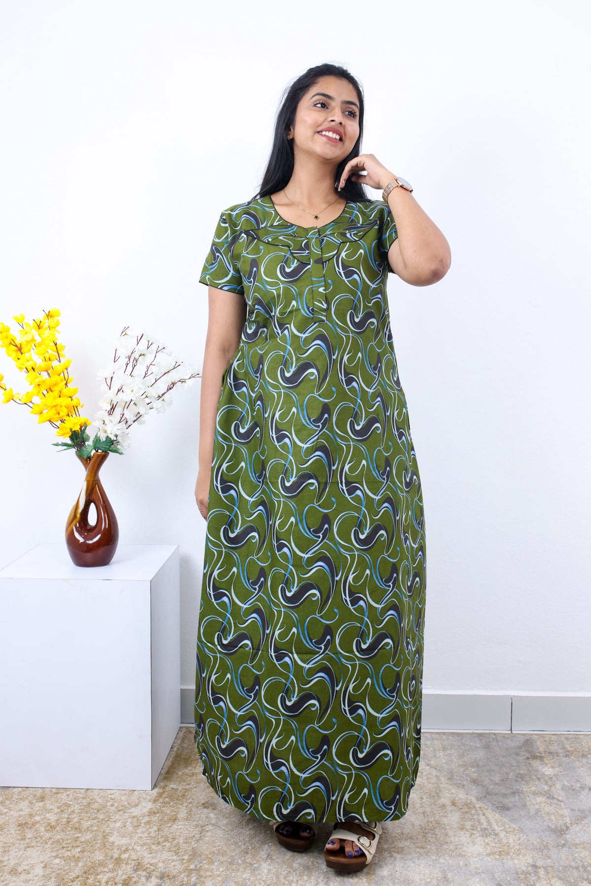 MANGAI New Regular Fit Cotton Printed Nighties - All Over Printed Stylish Nightwear for Stylish Women | Side Cut Pocket | Beautiful Nighties for Stylish Women's | Colourful Printed Cotton Nighties (SLB)