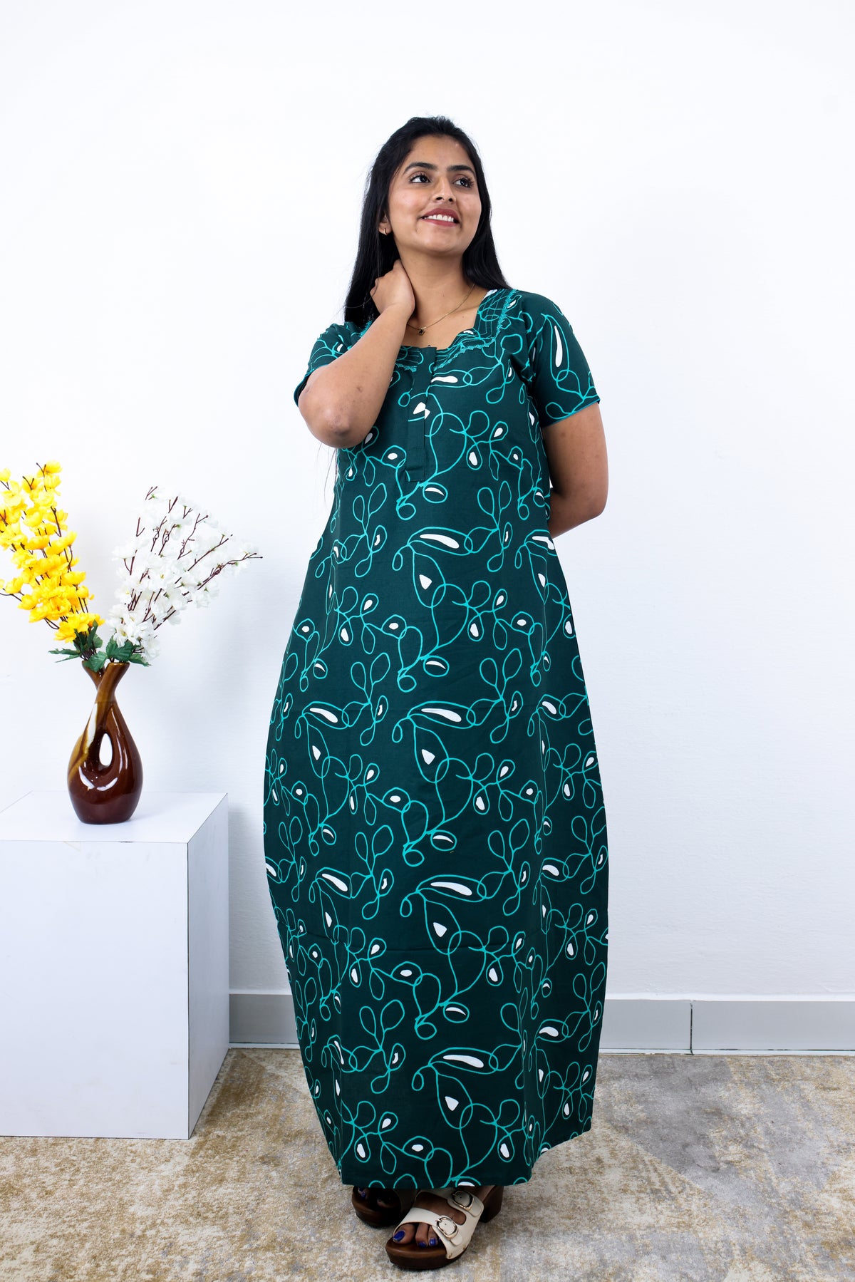 MANGAI Premium Cotton Printed Pleated Model Half Sleeve 3XL Size Nighties - Fancy Neck | With Side Pocket |Shrinkage Free Nighties | Trendy Collection's for Stylish Women's (3PZZ)