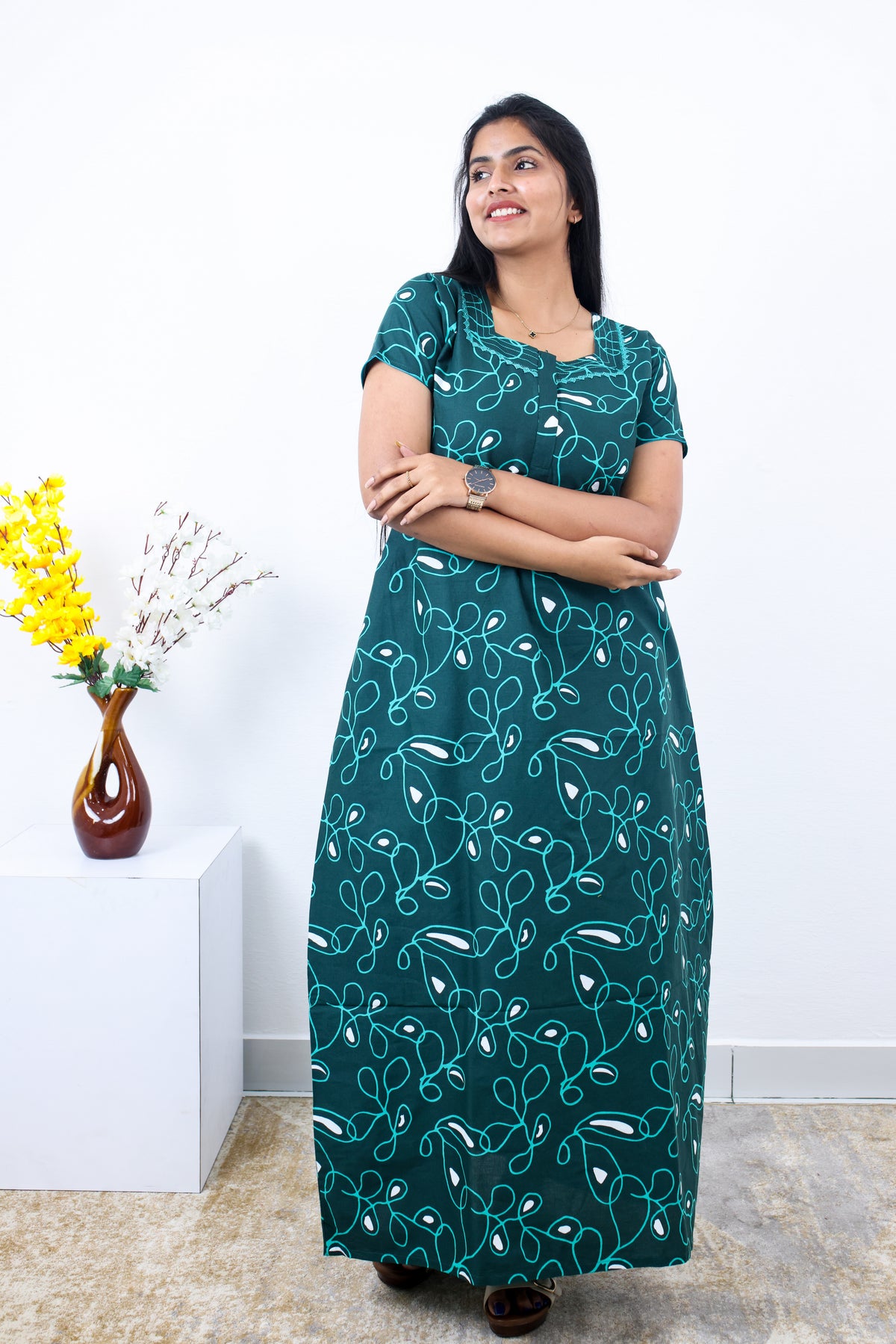 MANGAI New Regular Fit Cotton Printed Nighties - All Over Printed Stylish Nightwear for Stylish Women | Side Cut Pocket | Beautiful Nighties for Stylish Women's | Colourful Printed Cotton Nighties (SLB)