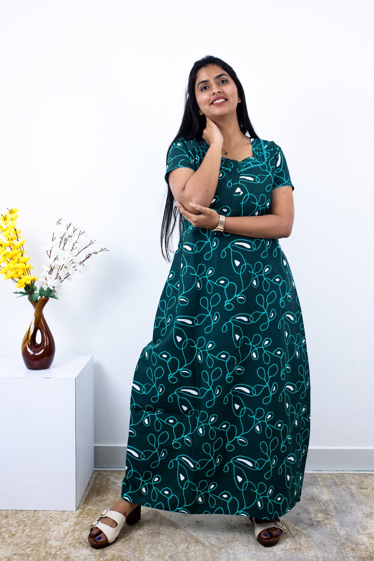 MANGAI Premium Cotton Printed Pleated Model Half Sleeve 3XL Size Nighties - Fancy Neck | With Side Pocket |Shrinkage Free Nighties | Trendy Collection's for Stylish Women's (3PZZ)