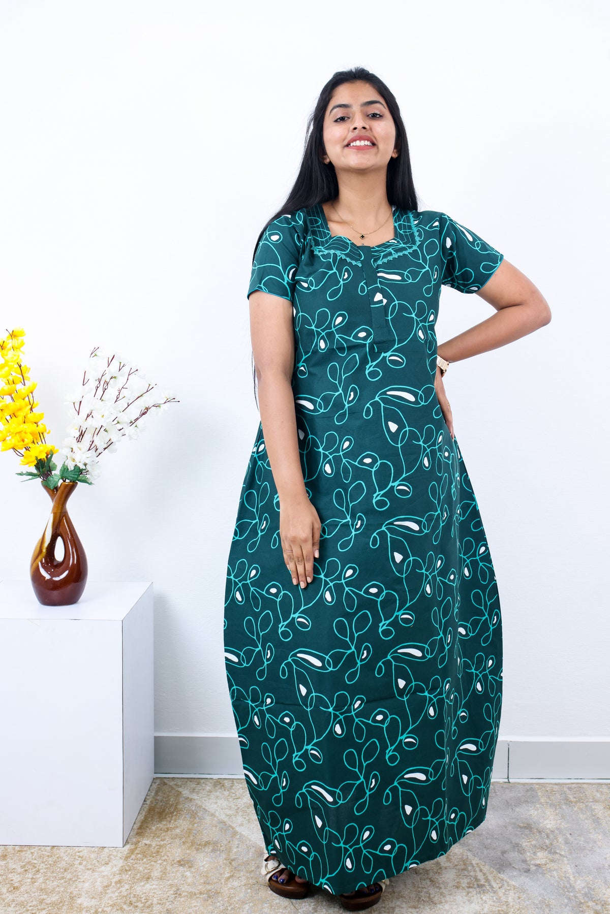 MANGAI New Regular Fit Cotton Printed Nighties - All Over Printed Stylish Nightwear for Stylish Women | Side Cut Pocket | Beautiful Nighties for Stylish Women's | Colourful Printed Cotton Nighties (SLB)