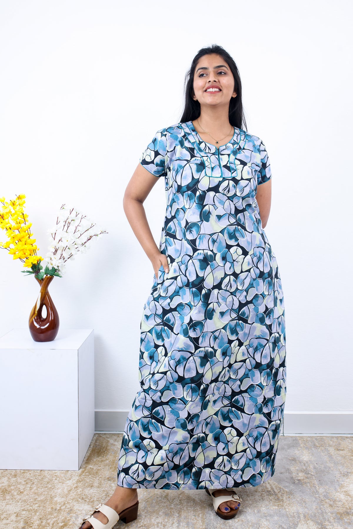 MANGAI New Regular Fit Cotton Printed Nighties - All Over Printed Stylish Nightwear for Stylish Women | Side Cut Pocket | Beautiful Nighties for Stylish Women's | Colourful Printed Cotton Nighties (SLB)