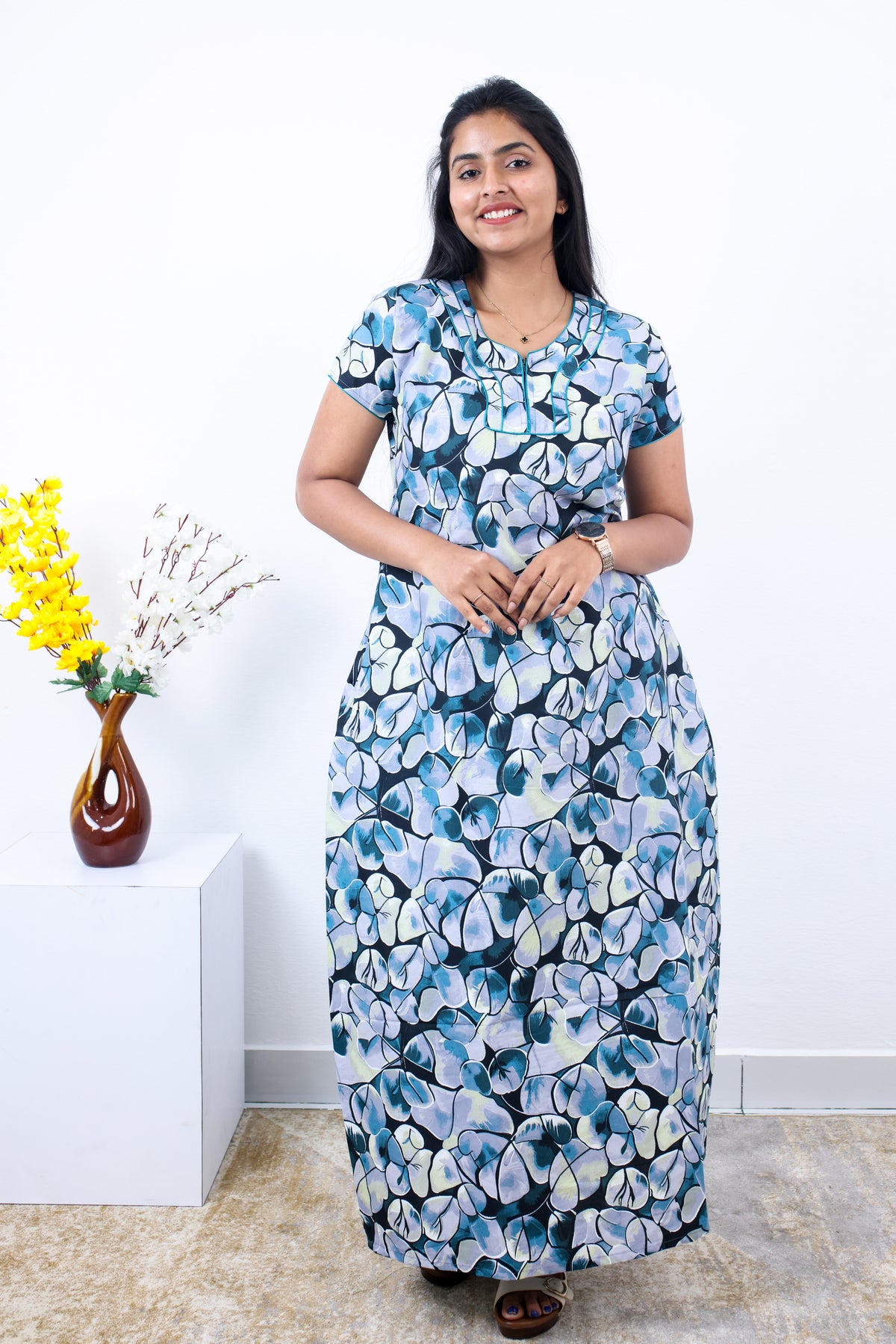 MANGAI New Regular Fit Cotton Printed Nighties - All Over Printed Stylish Nightwear for Stylish Women | Side Cut Pocket | Beautiful Nighties for Stylish Women's | Colourful Printed Cotton Nighties (SLB)