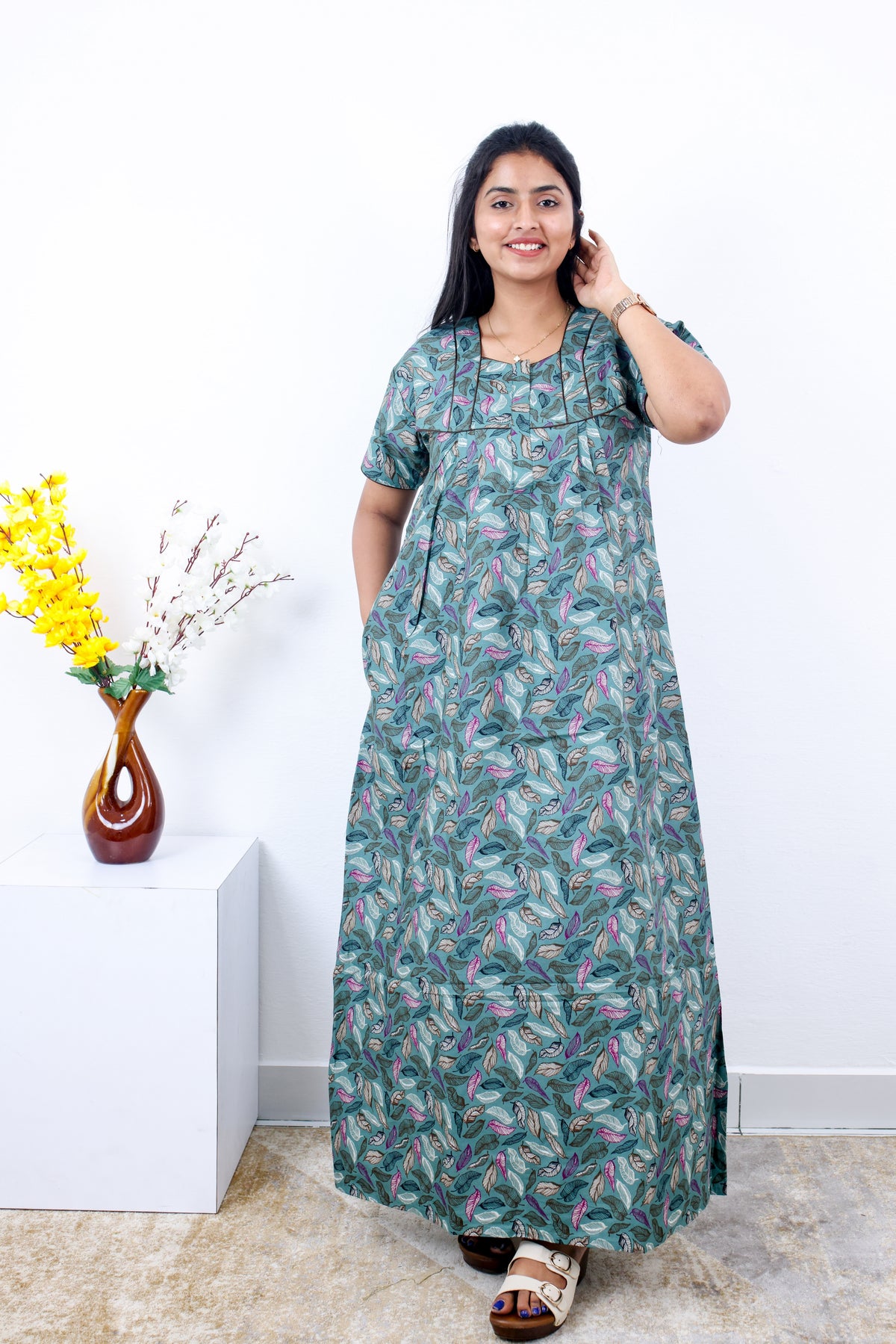 MANGAI Premium Cotton Printed Pleated Model Half Sleeve 3XL Size Nighties - Fancy Neck | With Side Pocket |Shrinkage Free Nighties | Trendy Collection's for Stylish Women's (3PZZ)