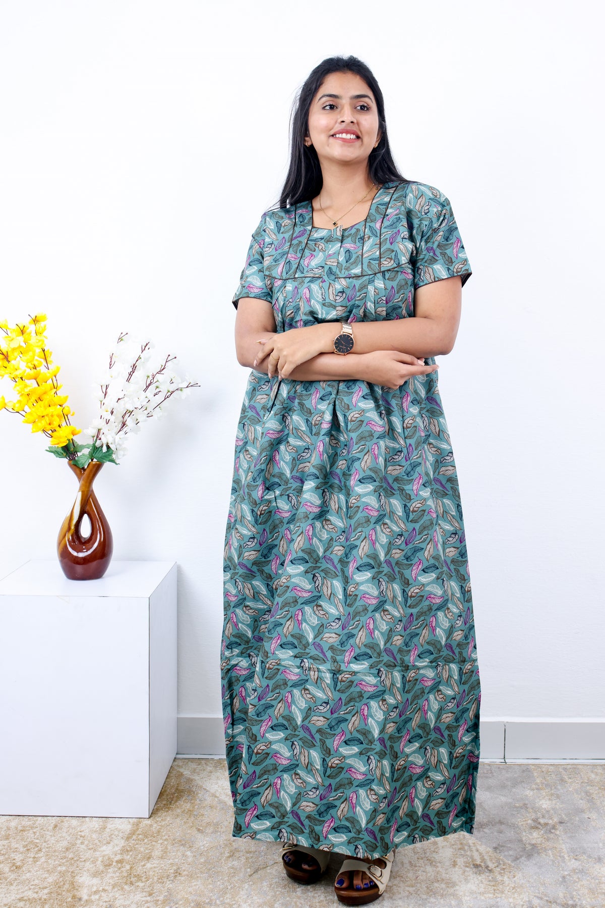 MANGAI Premium Cotton Printed Pleated Model Half Sleeve 3XL Size Nighties - Fancy Neck | With Side Pocket |Shrinkage Free Nighties | Trendy Collection's for Stylish Women's (3PZZ)