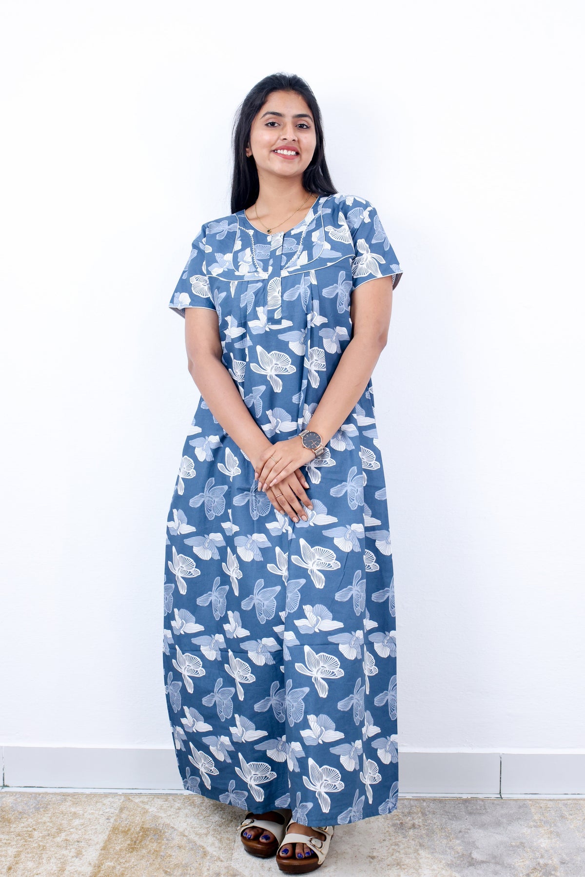 MANGAI Premium Cotton Printed Pleated Model Half Sleeve 3XL Size Nighties - Fancy Neck | With Side Pocket |Shrinkage Free Nighties | Trendy Collection's for Stylish Women's (3PZZ)