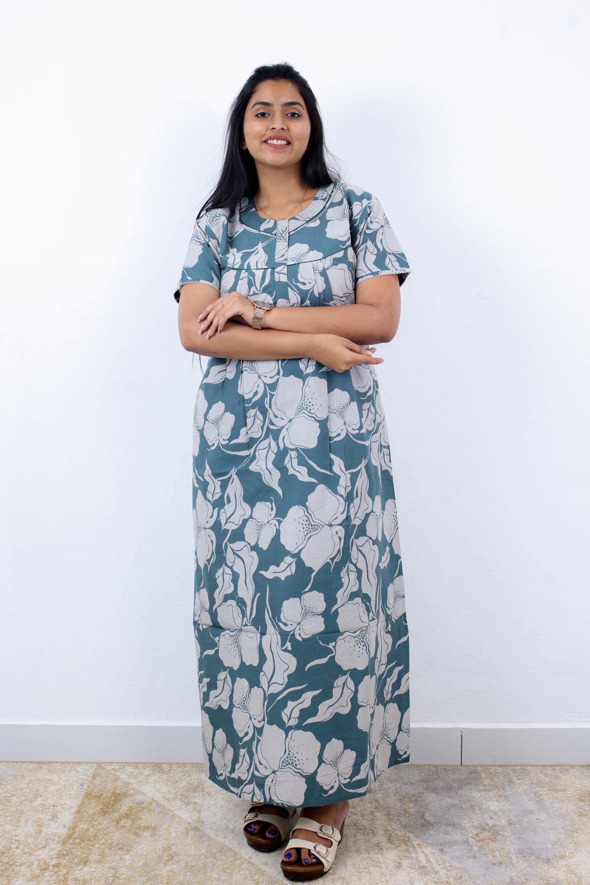 MANGAI Premium Cotton Printed Pleated Model Half Sleeve 3XL Size Nighties - Fancy Neck | With Side Pocket |Shrinkage Free Nighties | Trendy Collection's for Stylish Women's (3PZZ)