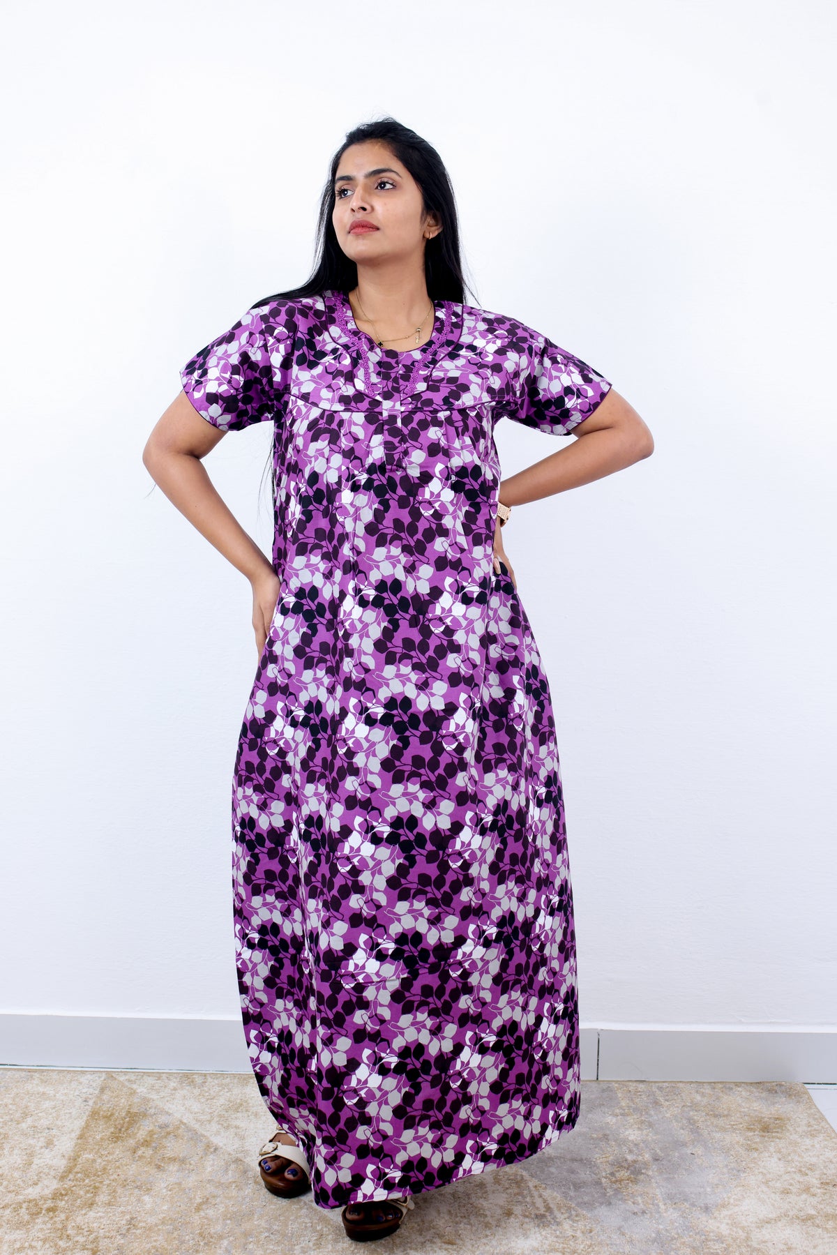 MANGAI Cotton Printed Pleated Nighties - All Over Printed Stylish Nighties | Side Cut Pocket | Front Open Zipper Type | Beautiful Nighties for Stylish Women's (SLB-P)